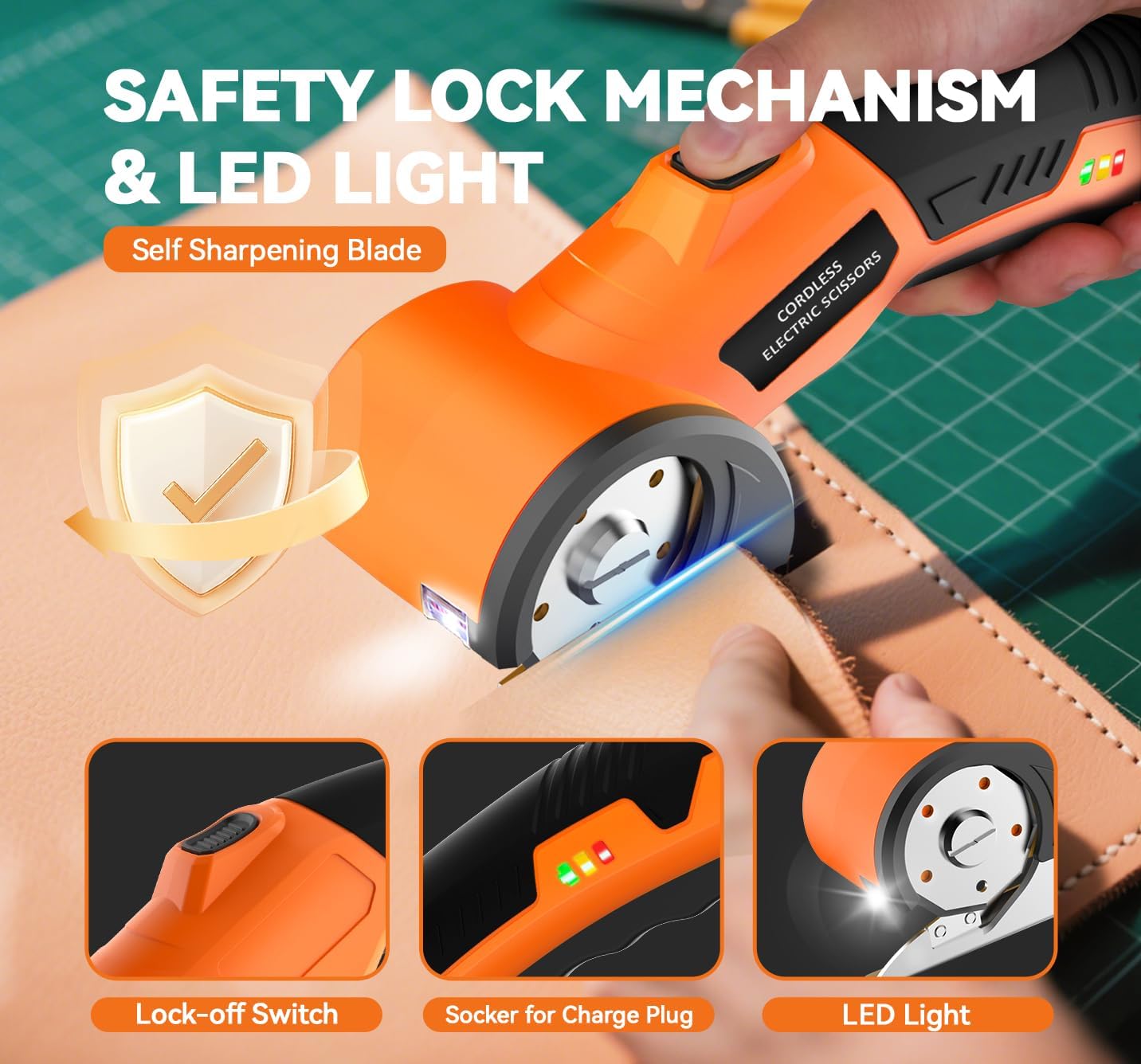 Cordless Electric Scissors,4V Rechargeable Cardboard Cutter Heavy Duty Scissor with Safety Lock & LED Light for Box Carpet Plastic Fabric(Orange)