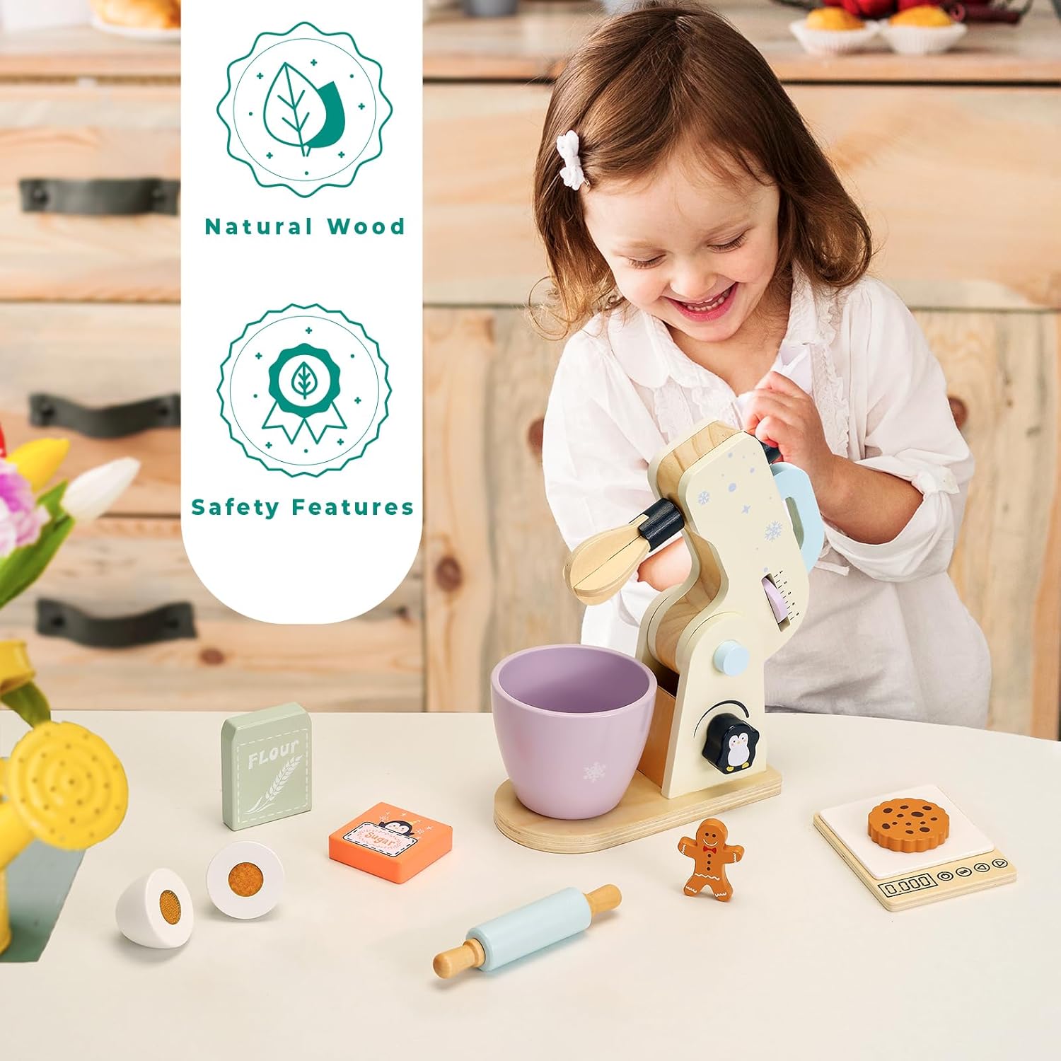 PairPear Wooden Toy Mixer for Kids Kitchen Playset –10 Piece Play Mixer Wooden Play Food Kitchen Cookie Bakery Toys, Kids Mixer Play Kitchen Accessories for Age 3+ Girls and Boys - Image 5