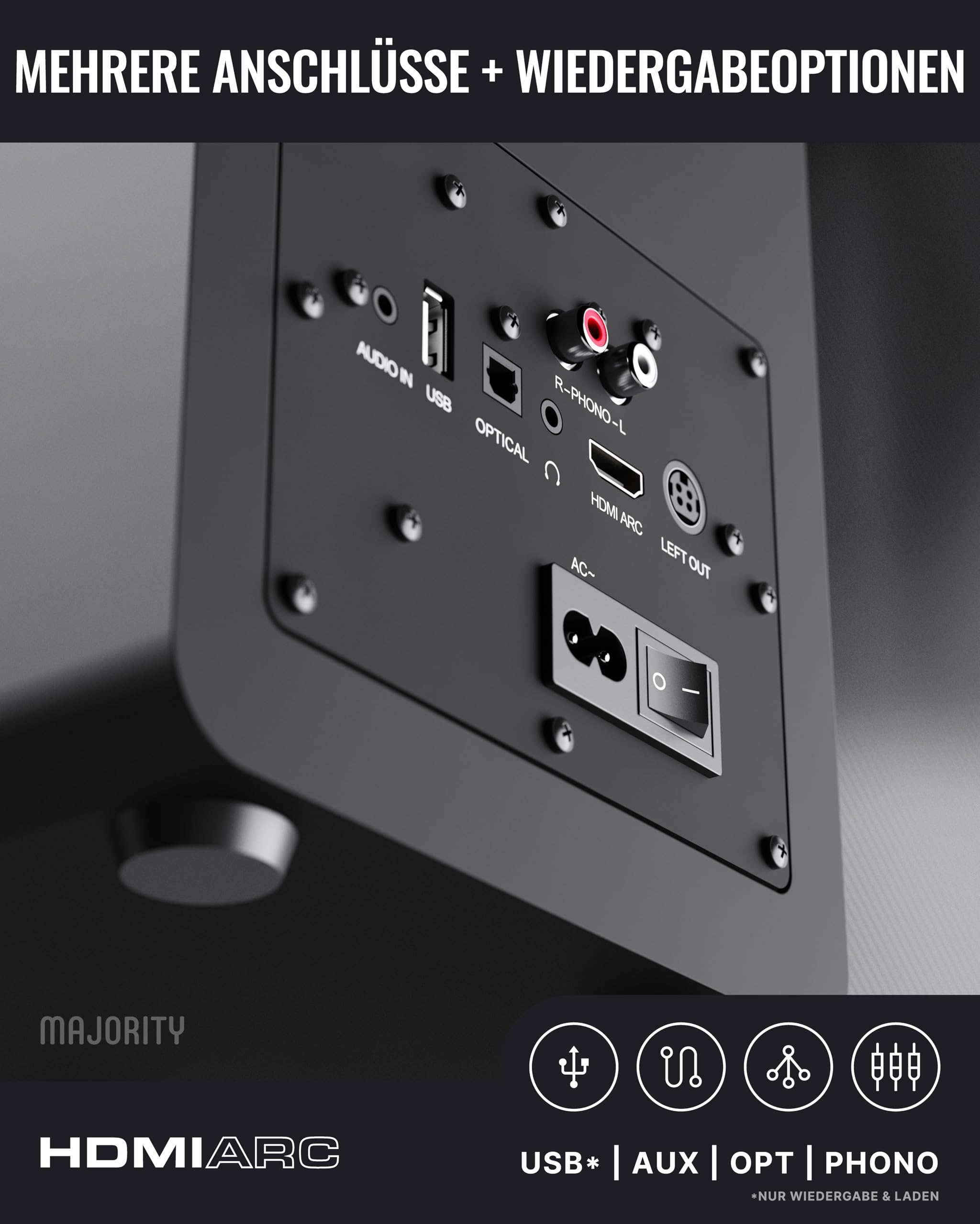 MAJORITY D100X Lautsprecher Boxen Bluetooth 5.3 | 100W Dreifach-Carbonfaser-Treiber PC Lautsprecher | Aktivlautsprecher HDMI ARC | Regallautsprecher mit RCA, Optich, Phono & AUX (Schwarz)