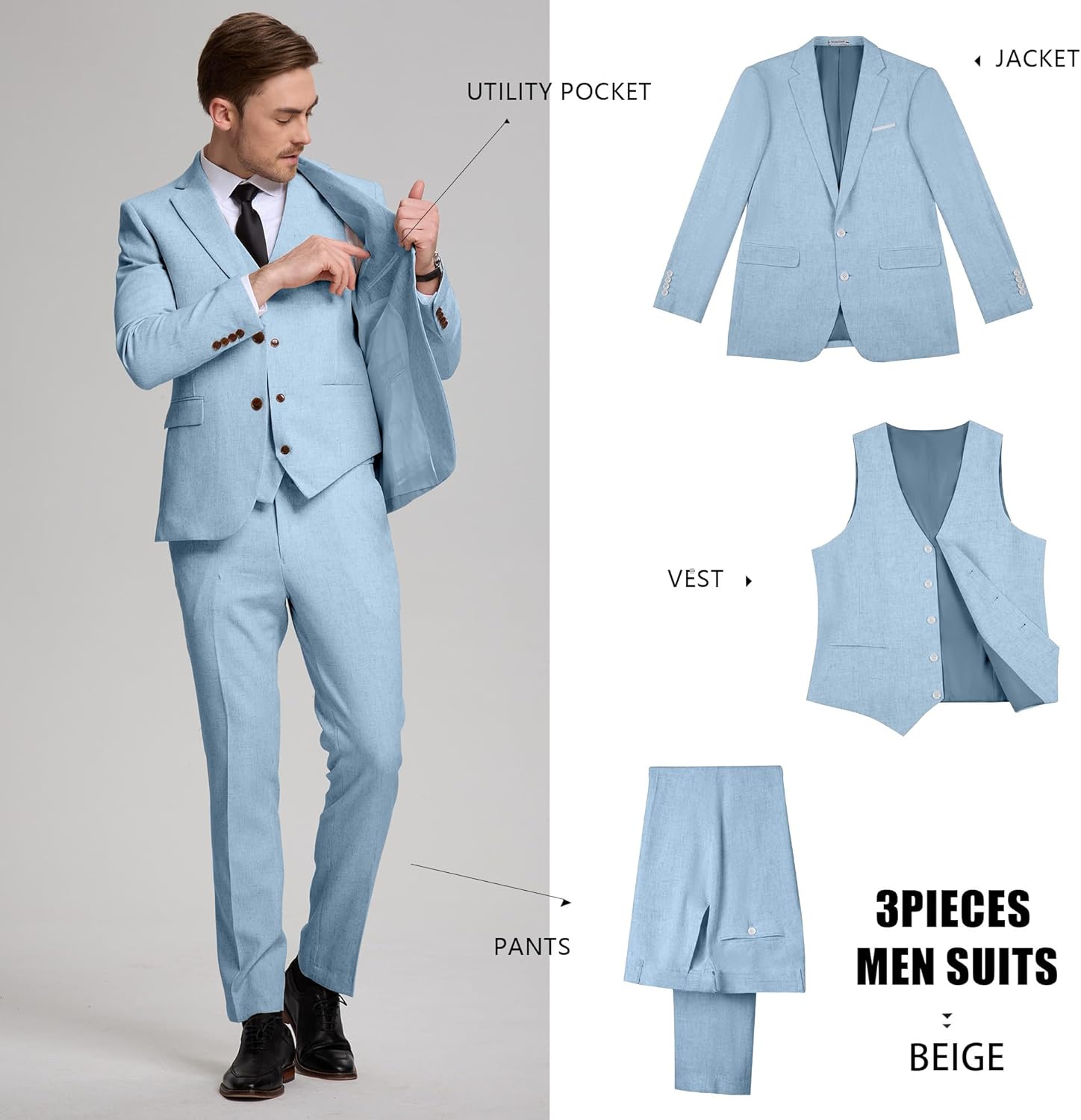 Linen Mens Suits 3 Piece Slim Fit Tuxedo Suit for Men Beach Wedding Formal Business Suit Groom Prom Set Outfits - Image 4