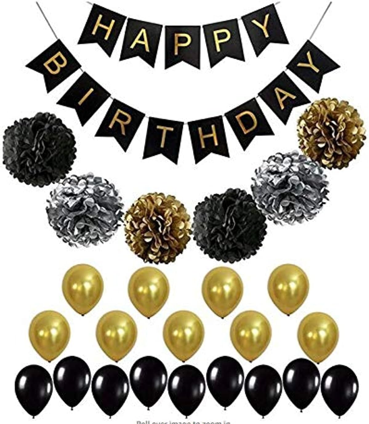 BLACK and GOLD PARTY DECORATIONS Perfect Adult Birthday Decorations - Black Happy Birthday Banner, Gold Balloons and Paper Pom Poms