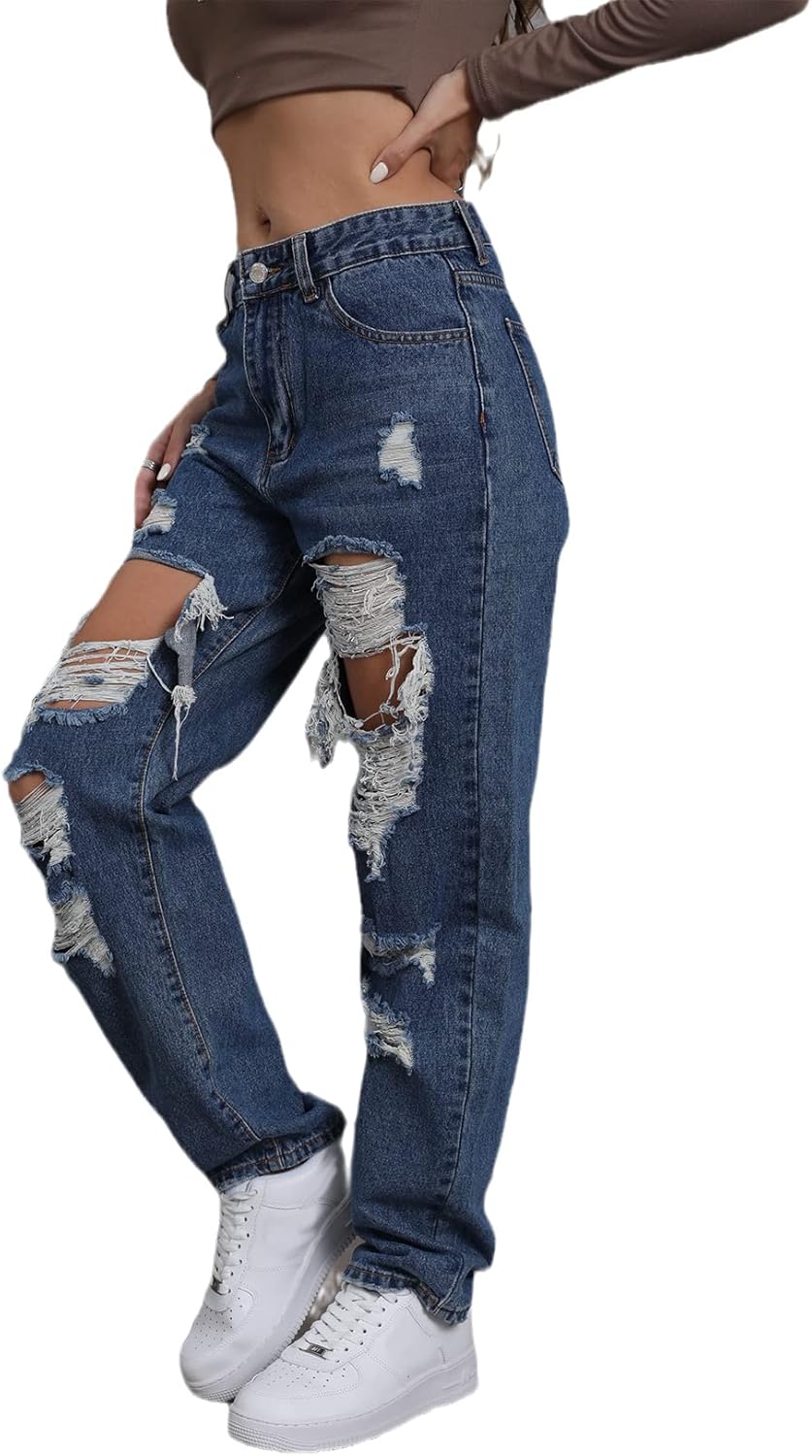 Giallino Women’s Pink Ripped High Waisted Jeans – Distressed Straight Leg Y2K Pants – Size M (Long Inseam)