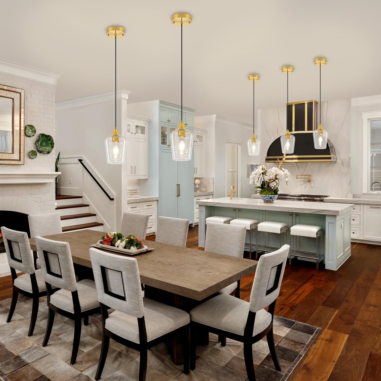 3-Pack Modern Pendant Lights Kitchen Island Brushed Gold Glass Pendant Lighting Over Island Kitchen Hanging Light Fixtures Adjustable Pendant Lights for Dining Room Bathroom Bedroom