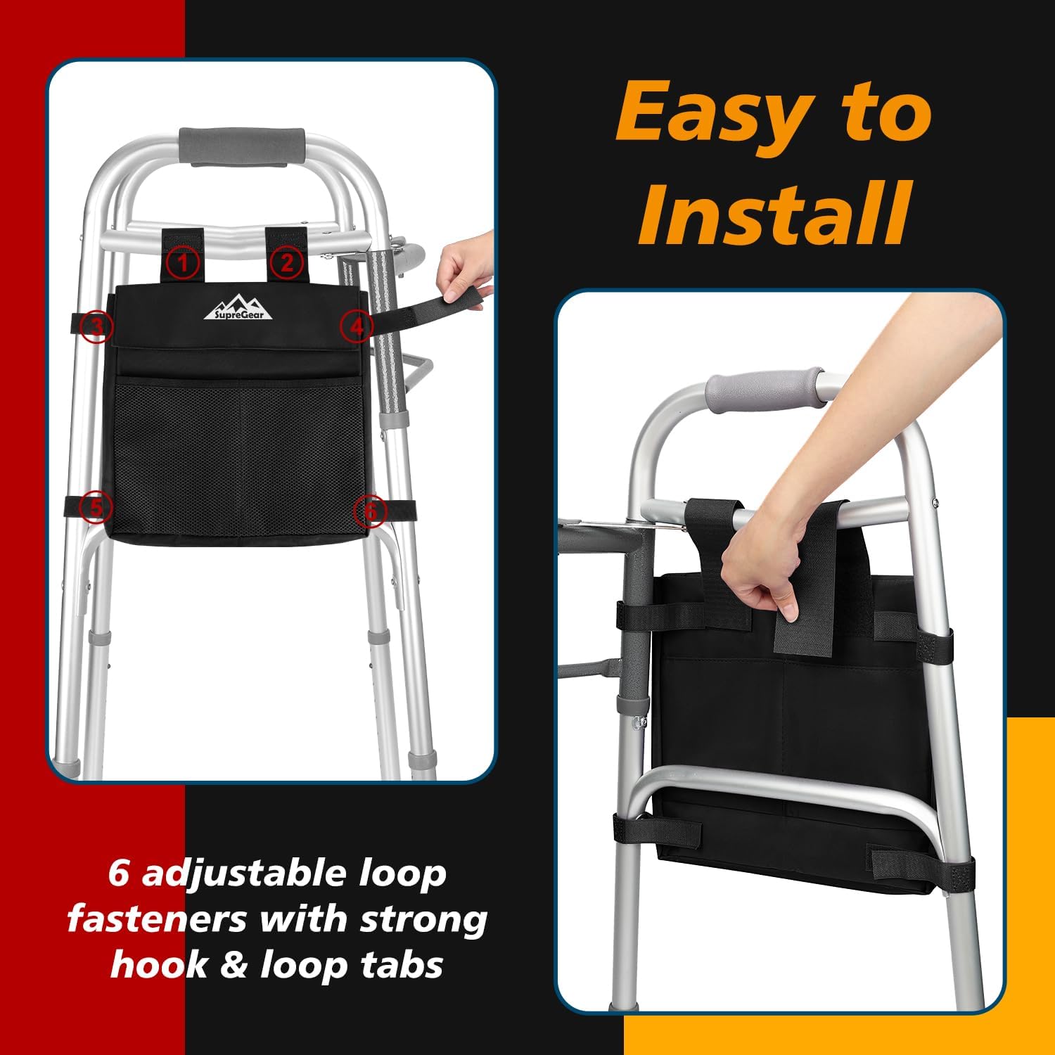 supregear Walker Side Bag, Multi Pocket Storage Pouch for Folding Walker, Water Resistant Lightweight Hand Free Carrier Tote, Universal Size Seniors Caddy Attachment - Image 3