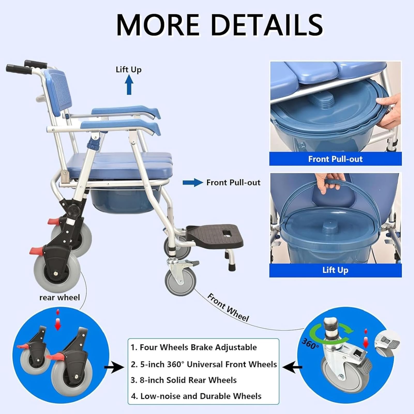 Sedia Da Doccia Con Rotelle, Sedia Doccia Per Anziani, Multifunzione Sedia a Rotelle Con Schienale Bracciolo E Secchio WC, Sedia Doccia Pieghevole Con Ruote Per Doccia Disabili