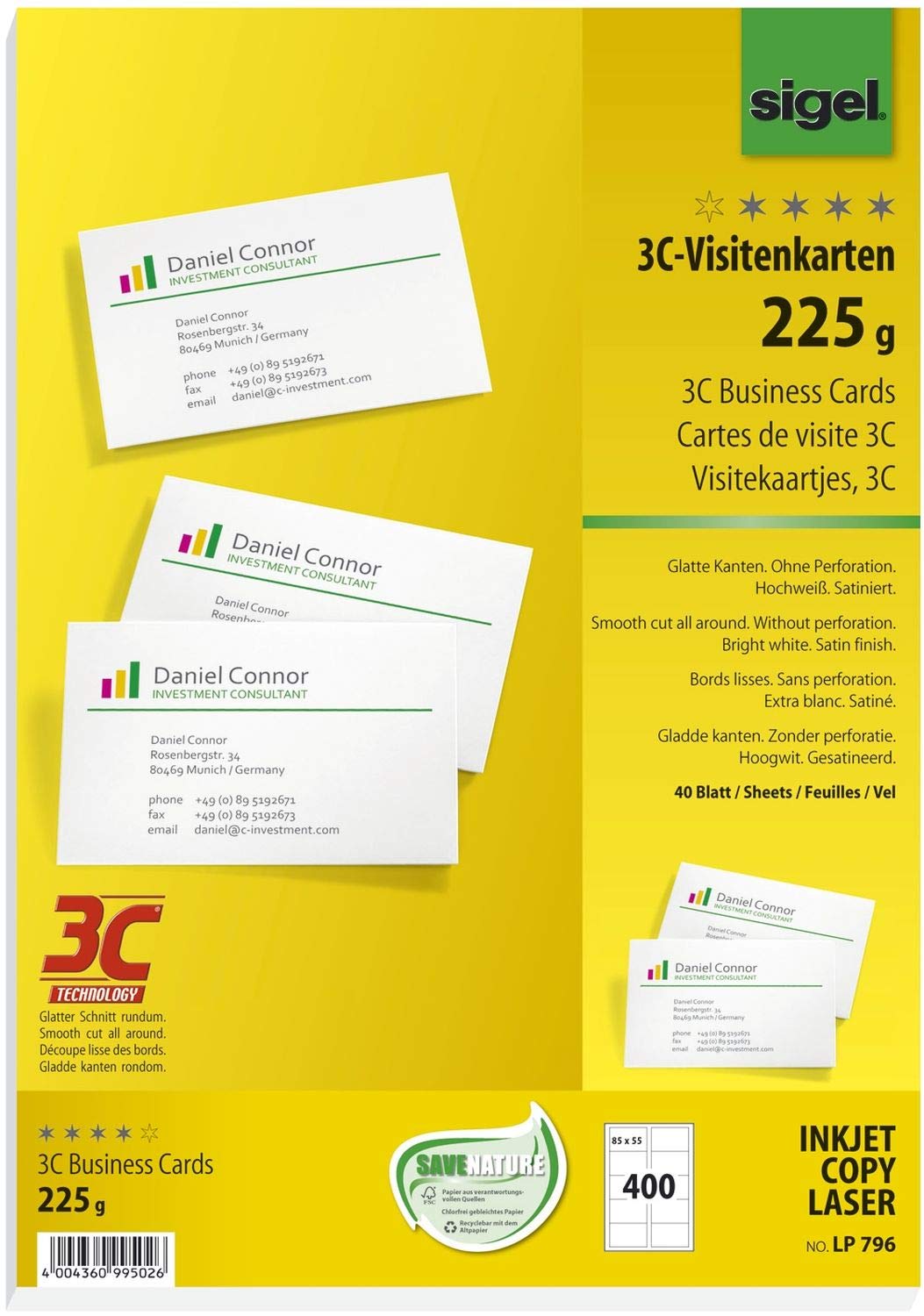Sigel - Tarjetas de visita (3C, para impresora de inyección de tinta, láser, fotocopiadora, 225 g/m², 85 x 55 mm, borde liso, 400 unidades), color blanco