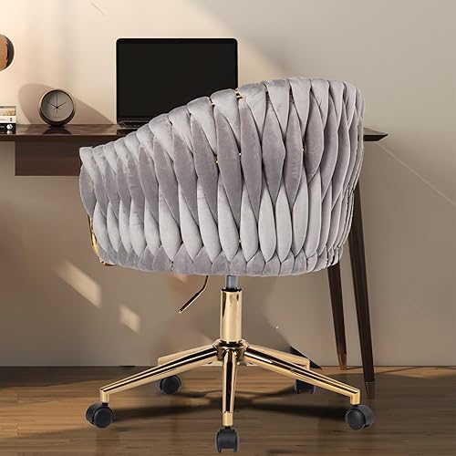 Miniatura 7 de Sillas de escritorio de oficina de terciopelo con base dorada, altura ajustable, respaldo medio, sillas de maquillaje con ruedas para mujer, sillas