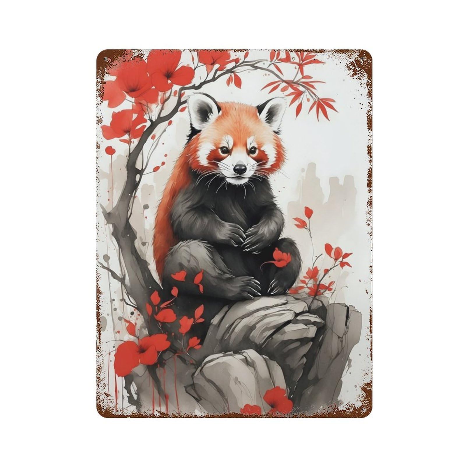Aged Metal Wall Plaque with Red Panda Japan Ink Art Design 15.7"x11.8", for Basement, Hobby Room And Garage Decor, Farmhouse Wall Decor