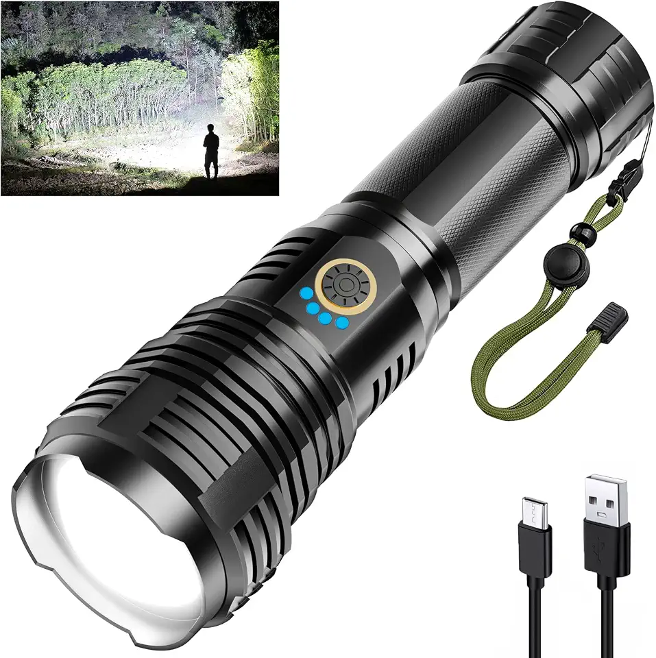 Sinvimes Rechargeable 900000 Lumens High Power LED Flashlight, XHP70.2 Tactical Flashlight with Zoomable, 5 Modes, IPX7 Waterproof, Ideal for Camping, Hiking, Emergencies