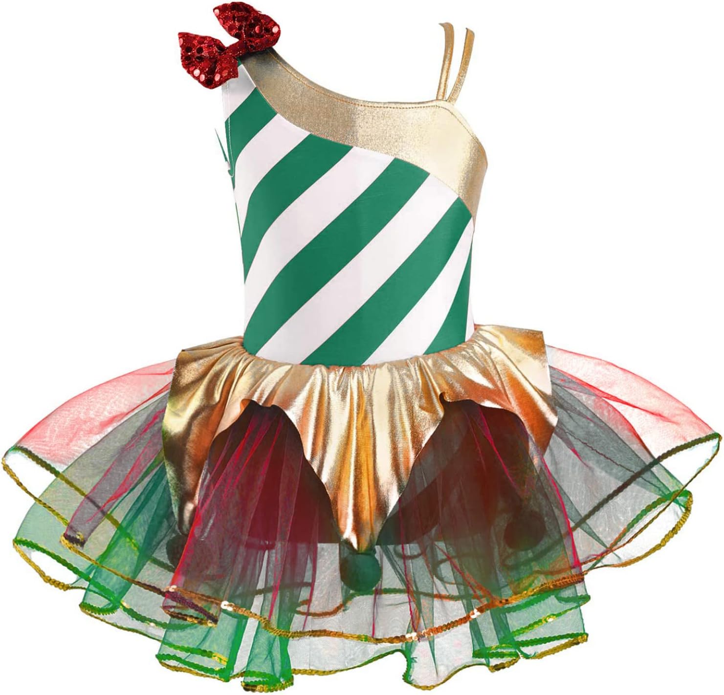 Kids Girls Candy Cane Christmas Dance Costume One Shoulder Figure Ice Skating Dress Leotard