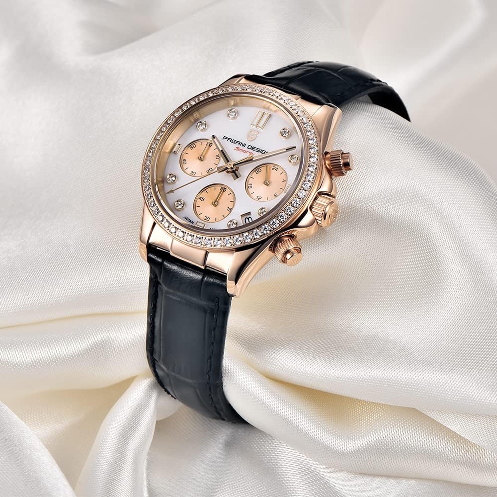 TYBERLEY Pagani Design Luxury Women's Quartz Chronograph Watches Diamond Stainless Steel Synthetic Sapphire Leather Strap Waterproof Luminous Multifunctional Sport Watch Date Display