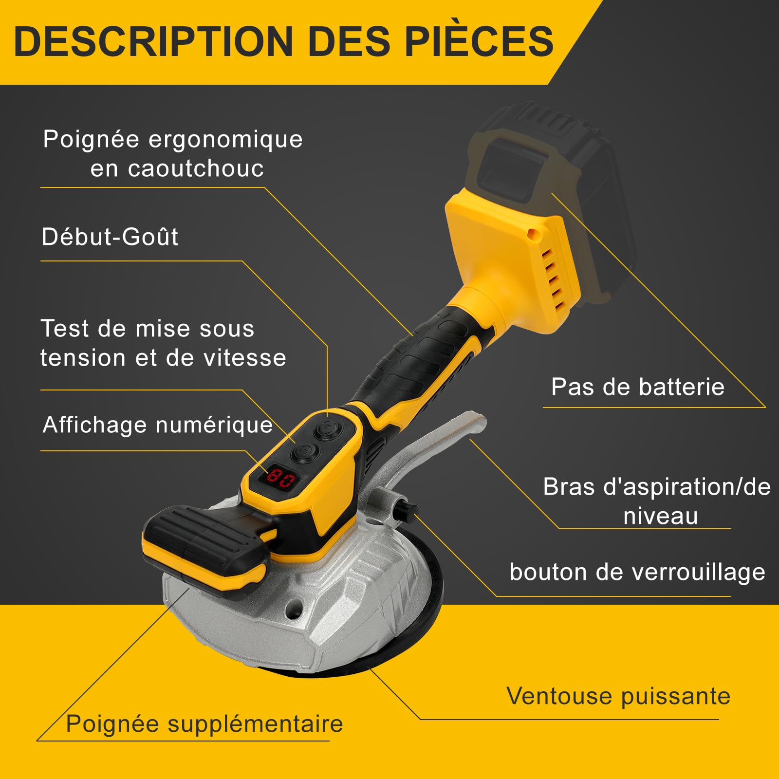 Outil de vibration de carrelage pour batterie Dewalt 20 V | Ventouse de 13 cm | Adsorption de 50 kg | 8 vitesses réglables | Convient pour carrelage de 20,3 à 119,4 cm | avec affichage numérique pour