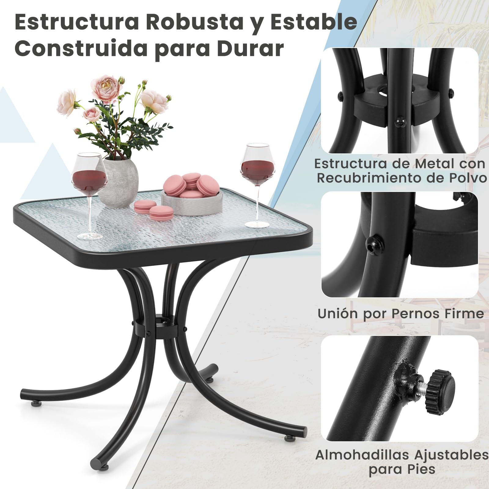 GIANTEX Mesa de Jardín 50 x 50 x 45 cm, Mesa Cuadrada con Tablero de Cristal Templado, Estructura Metálica Resistente, Mesa de Café para Jardín, Balcón, Piscina, Color Negro