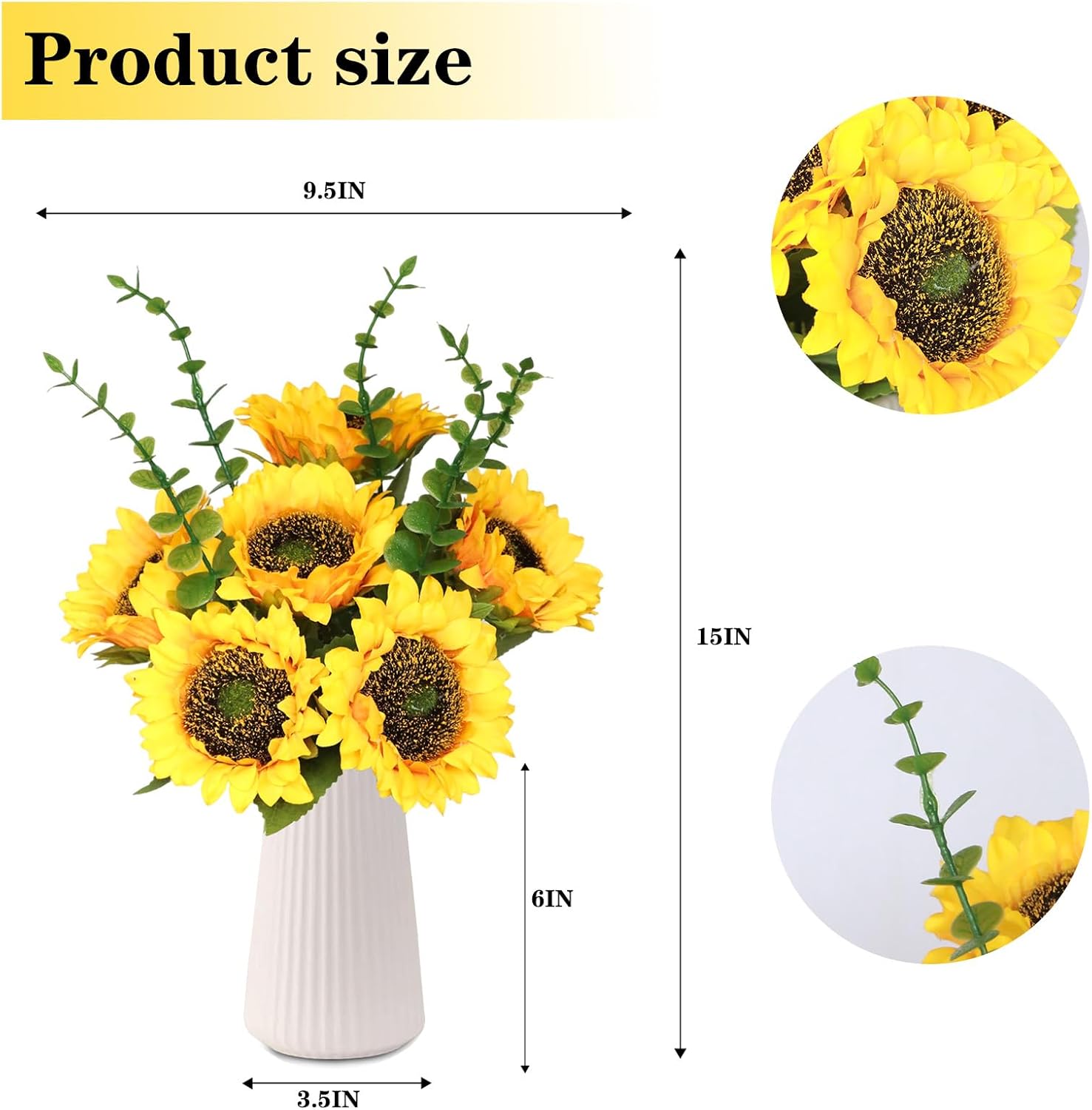 Artificial Flowers with Ceramic Vase, Silk Sunflower Fake Flowers in Vase for Home Office Decoration, 15'' Floral Arrangements for Dining Table Centerpiece, Bathroom, Wedding Decor - Image 3