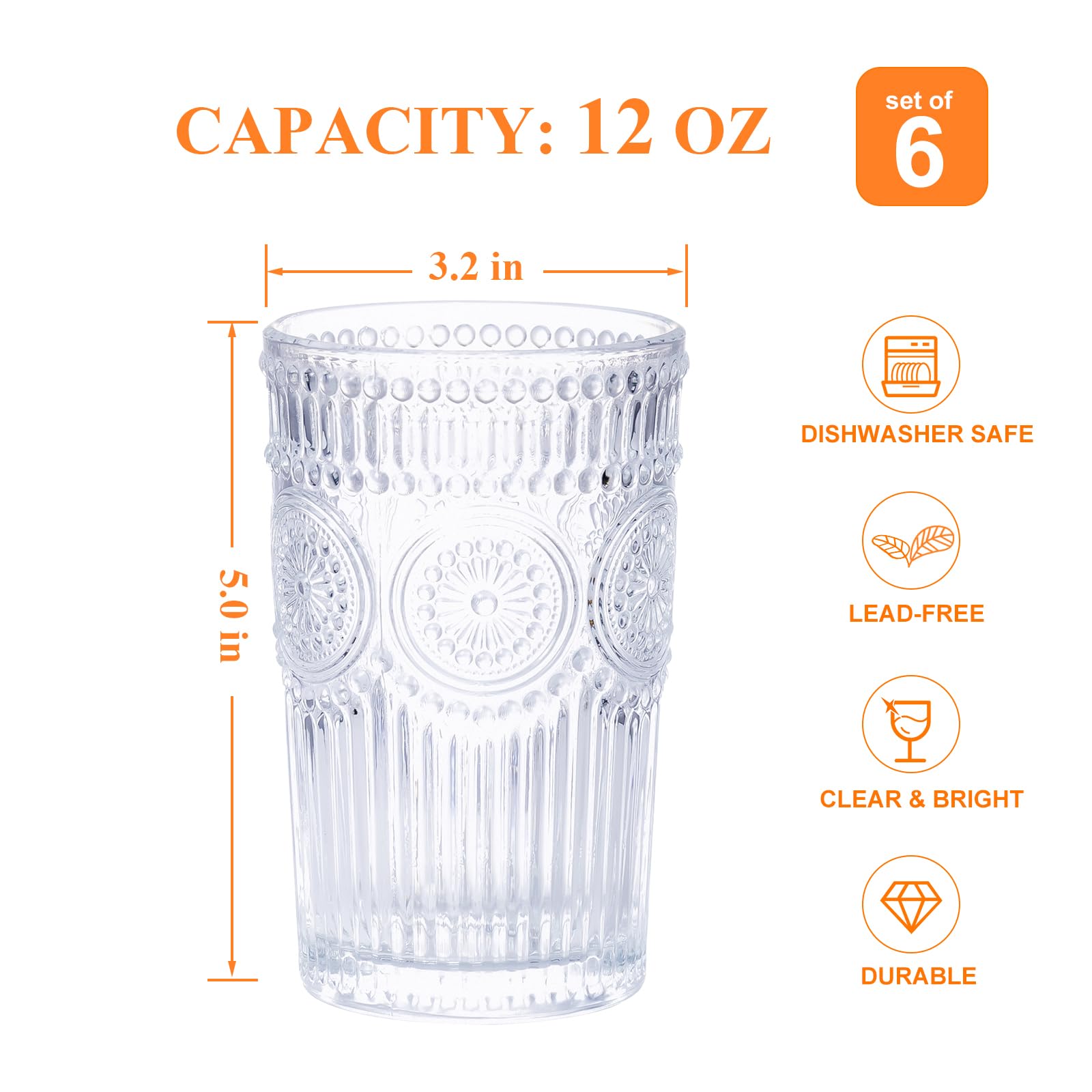 Vasos románticos de cristalería vintage – Juego de 6 vasos de cóctel de 12 onzas en relieve, vasos de vidrio perfectos para café, cócteles y bebidas, aptos para lavavajillas, regalos ideales