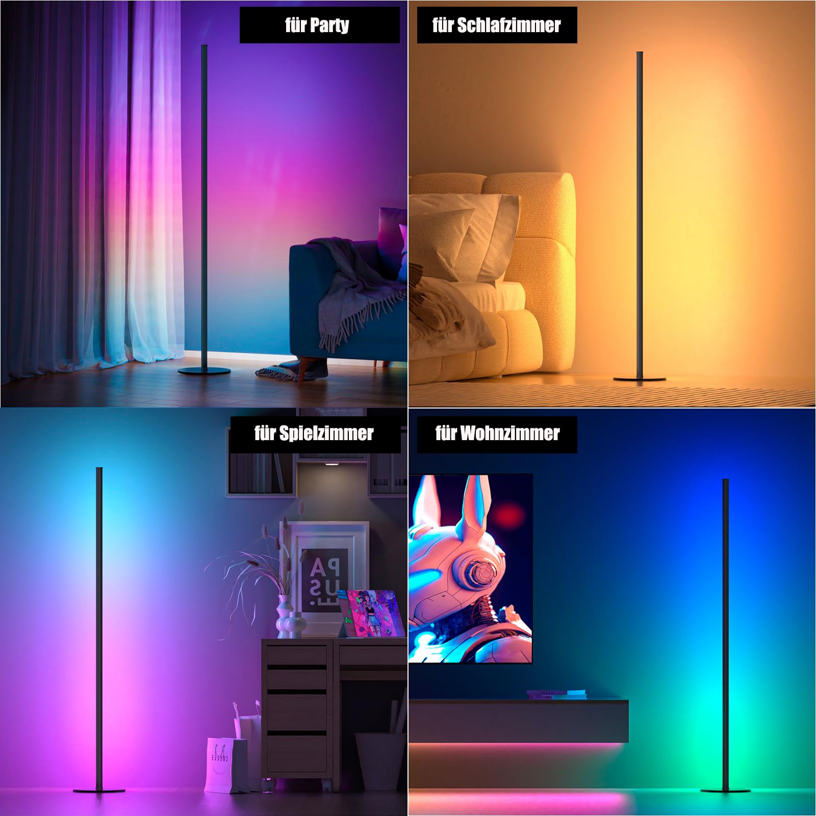 LED Stehlampe Wohnzimmer Dimmbar, 2 Stück Ecklampe mit Fernbedienung und APP, Stehlampe mit 16 Millionen Farben, Musikmodi, DIY-Modus & Timing - Funktion für Wohnzimmer, Schlafzimmer, Spielzimmer