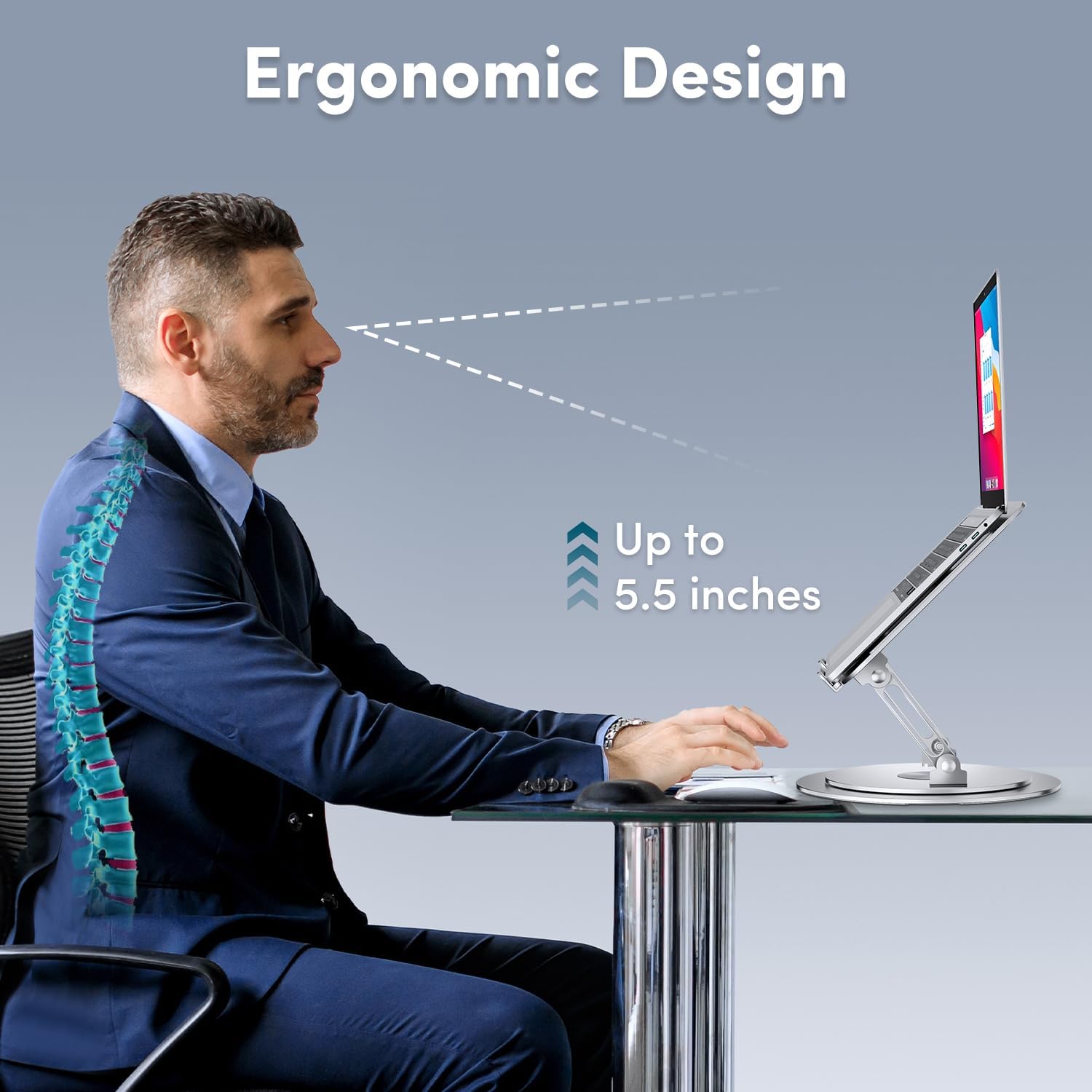 Lifelong - Supporto regolabile per laptop con base girevole a 360°, supporto ergonomico per computer da scrivania, supporto pieghevole e portatile, adatto a tutti i MacBook