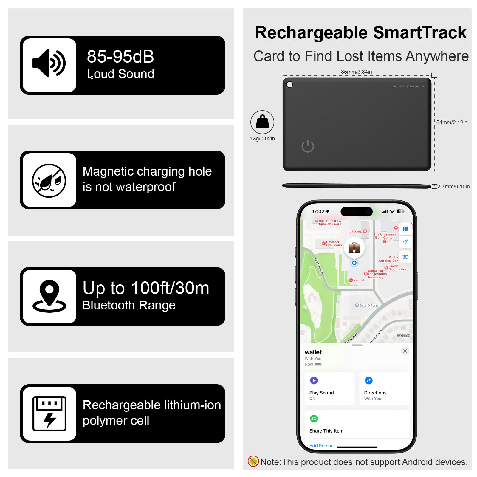 Wallet Tracker Card Works with Apple Find My (iOS Only), Rechargeable Thin Tracker, Item Locator for Wallet Luggage, Passport Laptops, Magnetic Charging for iPhone Devices