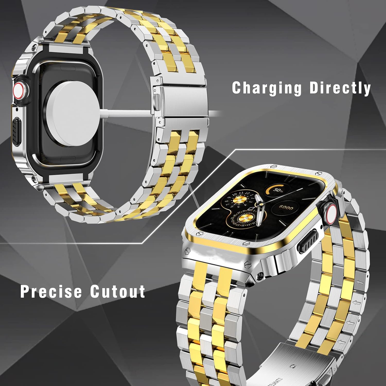 HASLFM Stainless Steel Band with Case Compatible with Apple Watch Series 11 10 46mm, Metal Protective Bumper Cover for iWatch Bands Men,Silver/Gold