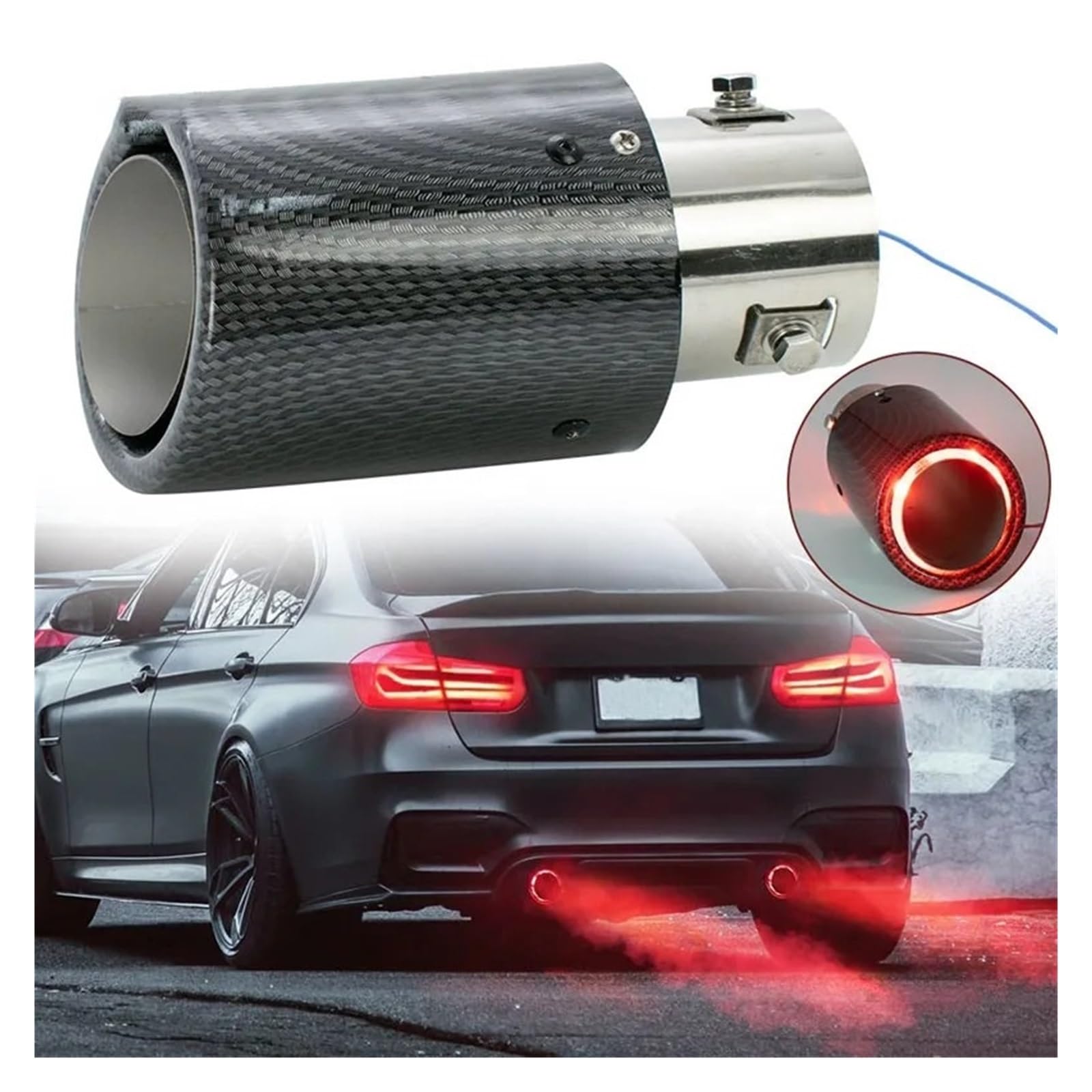 Punta Escape Coche Silenciador Escape Fibra Universal, Punta Tubo 63-65mm, Entrada Luminosa Brillante, Garganta Trasera, silenciador Inoxidable Modificado Coche luz LED
