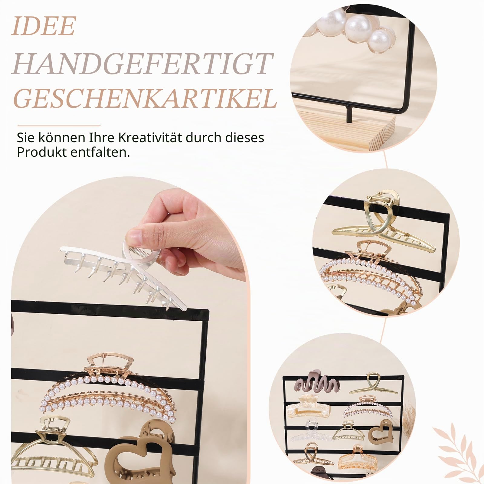 SNOWSTAR Haarklammer-Organizer, 5-stöckig, Eisenstange, Haarspangenhalter, Aufbewahrung für Frauen und Mädchen, Holzsockel, Schreibtisch-Organizer