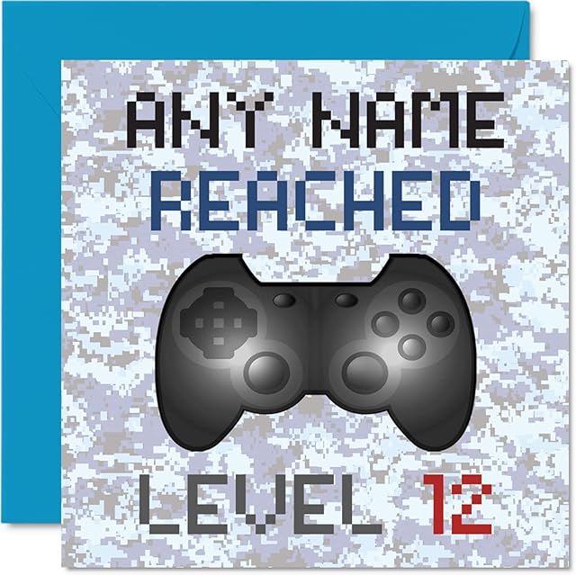 Personalised 12th Gamer Birthday Card - Reached Level 12 - Custom Boys Birthday Cards, Kids Games Age 12 Twelve Twelfth Personalise Greeting Cards, Video Game Gaming Son Nephew 145mm x 145mm
