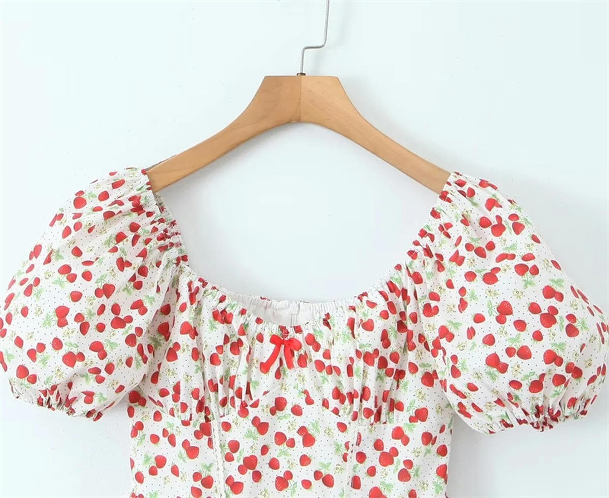 Süßes Erdbeer-Print-Kleid mit Puffärmeln für Damen, V-Ausschnitt, hohe Taille, plissierter Rock