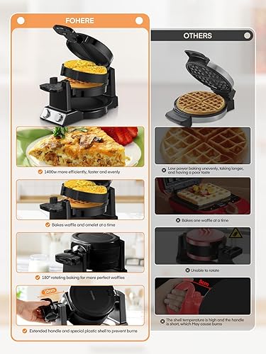 Miniatura 8 de FOHERE 2-in-1 Omelette Maker&Waffle Maker, 1400W Omelet Maker 180° Flip, Adjustable Browning Control, Non-Removable & Nonstick Pans, Make Two Omelet