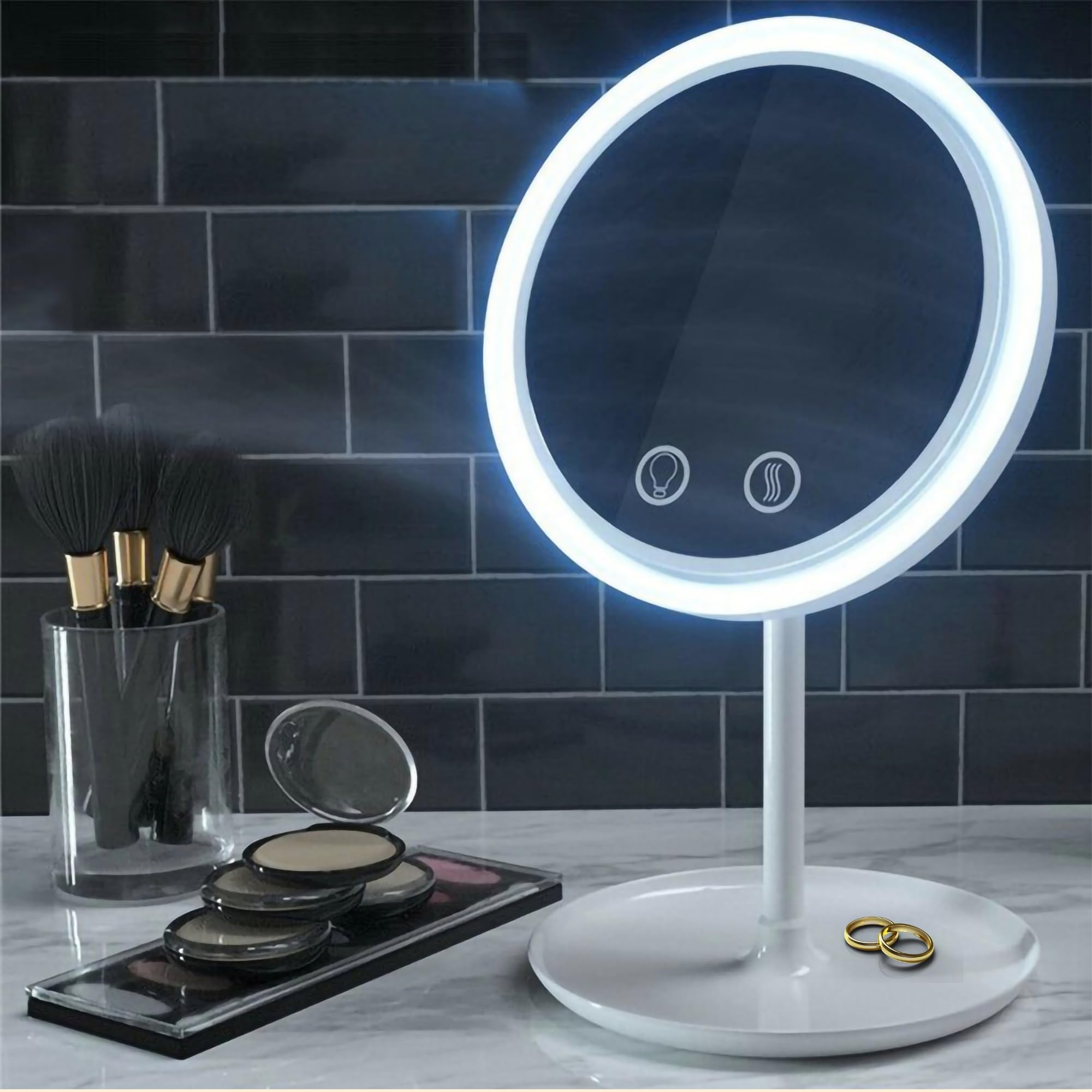 UKIUAN Espejo Maquillaje con Luz led y Ventilador Integrado, USB, Espejo de Aumento, Luz LED táctil Regulable, Espejo 3 en 1 de 20cm para Tocador, Maquillaje, Bandeja Porta Joyas.