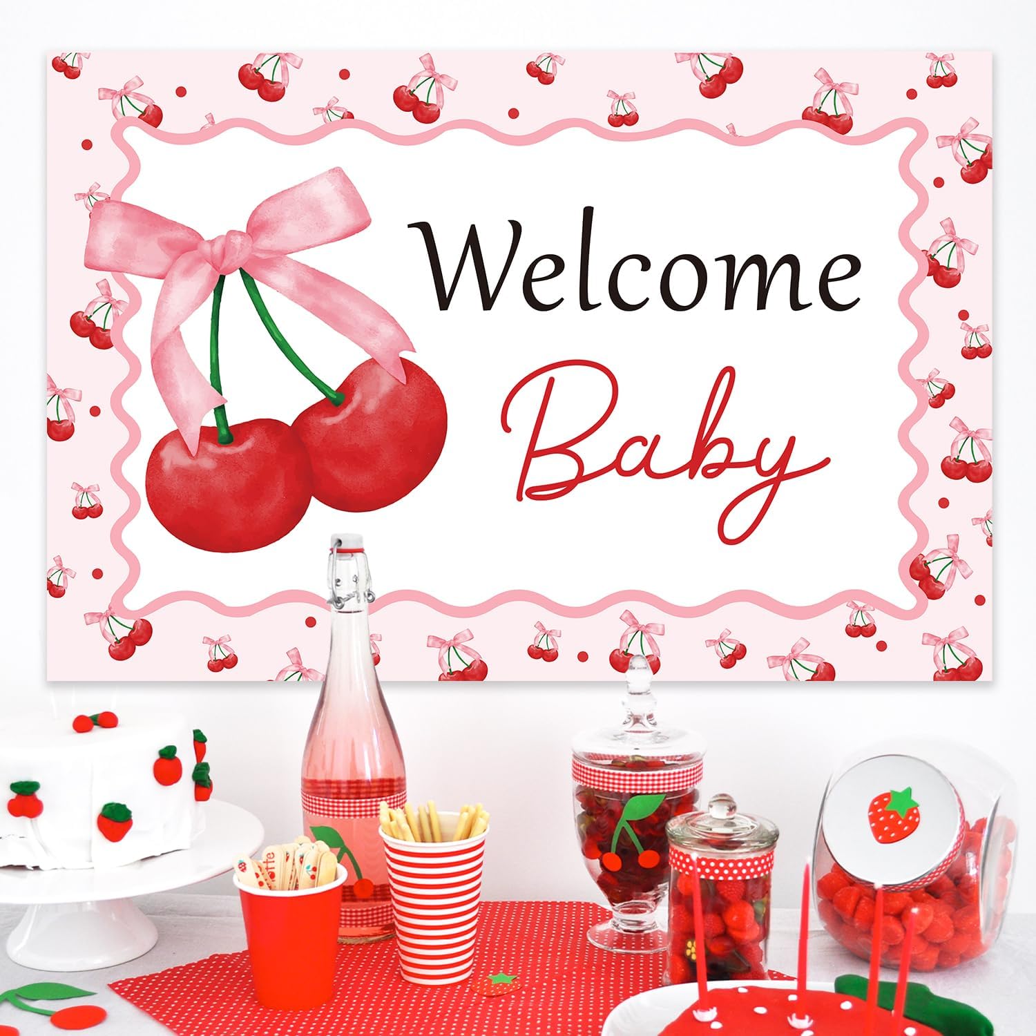 Cherry Baby Shower Backdrop Coquette Cherry Welcome Baby Backdrop Bow Cherry Photo Background Banner Fruit Themed Party Decorations for Baby Girl Baby Shower Gender Reveal Party Supplies 5x3ft