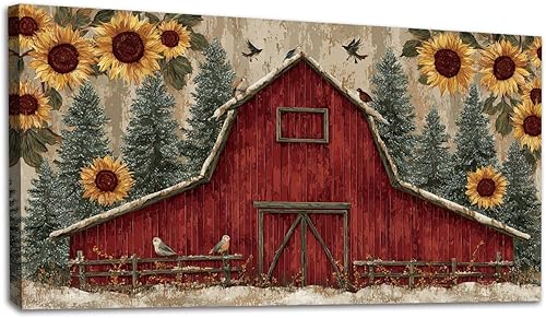20"x 40" Canvas Wall Art Winter Christmas Tree Ornaments Vintage Sunflower Country Red Barn Framed Pictures Painting Prints Large Wall Art for