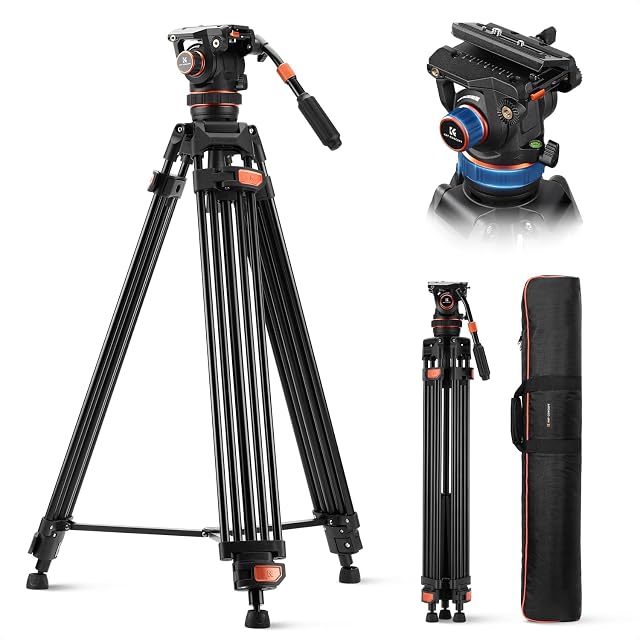 K&F CONCEPT Video Tripod, 75"/191cm Heavy Duty Camera Tripod Stand with Fluid Head Damping Adjustable, Load up to 22lb/10kg, QR Plate Compatible with Canon Nikon Sony and Other DSLR Camcorder