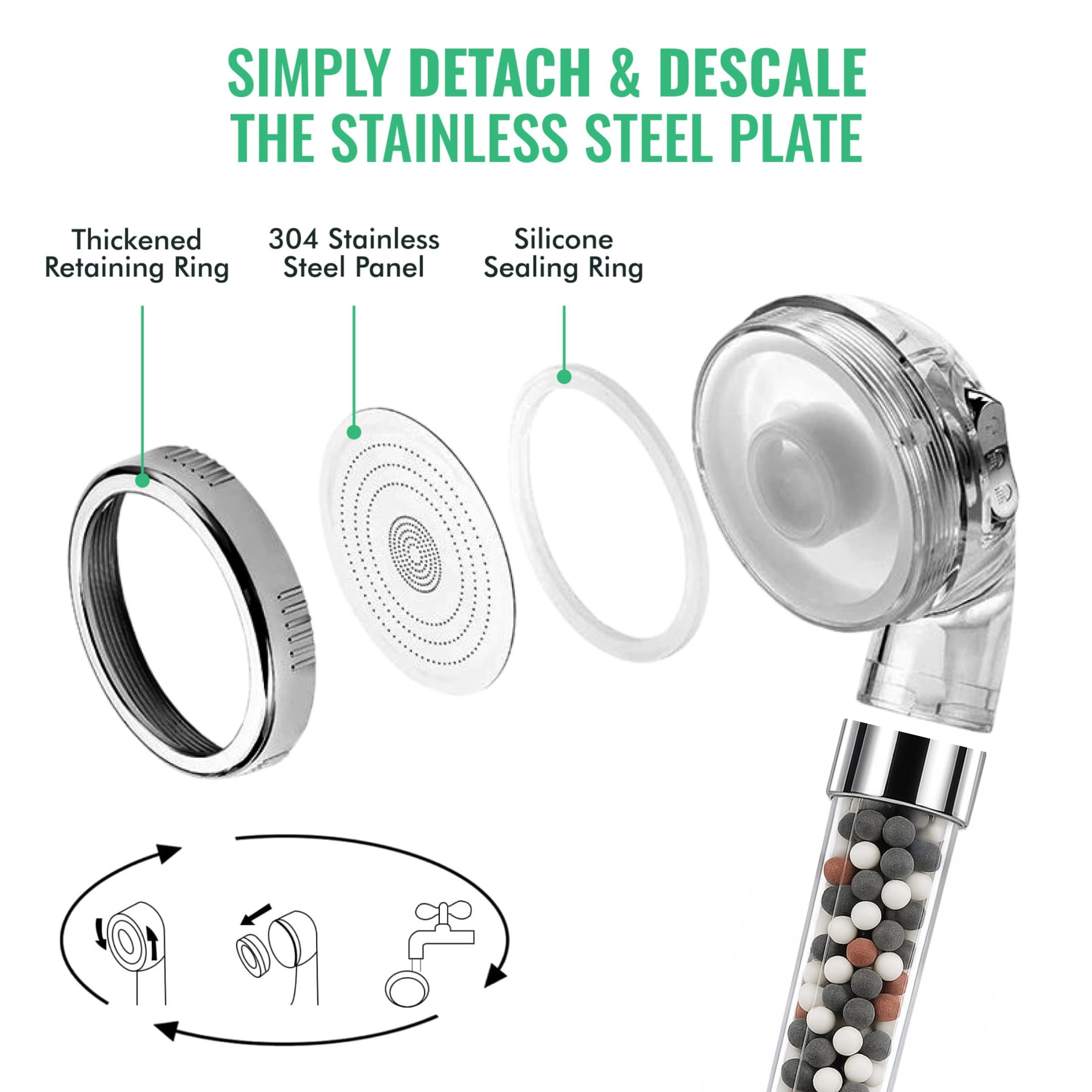 StoneStream® Filtro de cabezal de ducha eléctrico con manguera y piedras de repuesto para ablandador de agua dura, cabezal de ducha de alta presión, cuenta icónica similar al spa para piel y cabello