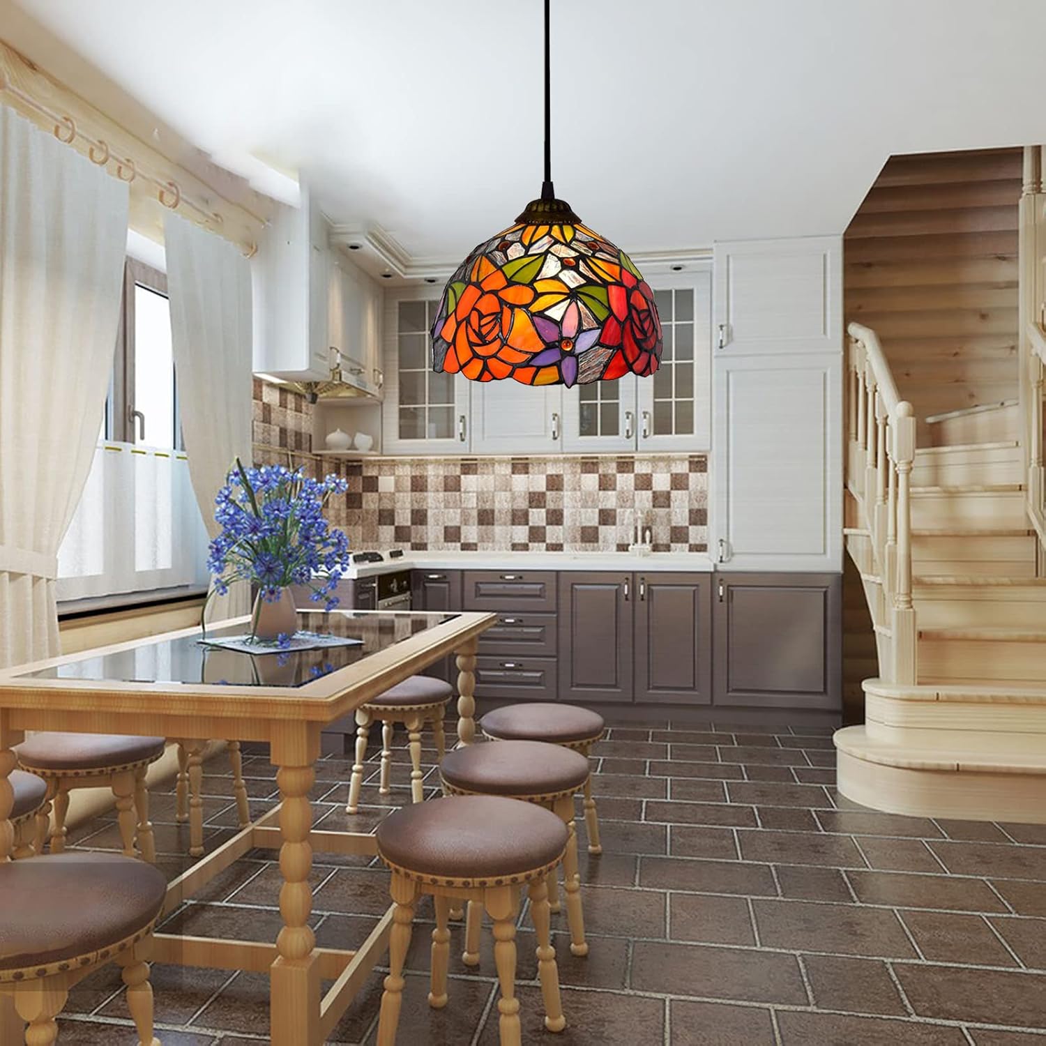 Kitchen Island Tiffany Pendant Light Fixture, 8 Inch Mini Pastoral Red Yellow Orange Blue Rose Stained Glass Hanging Lamp for Bar Hallway Dining Room Bedroom Living Room