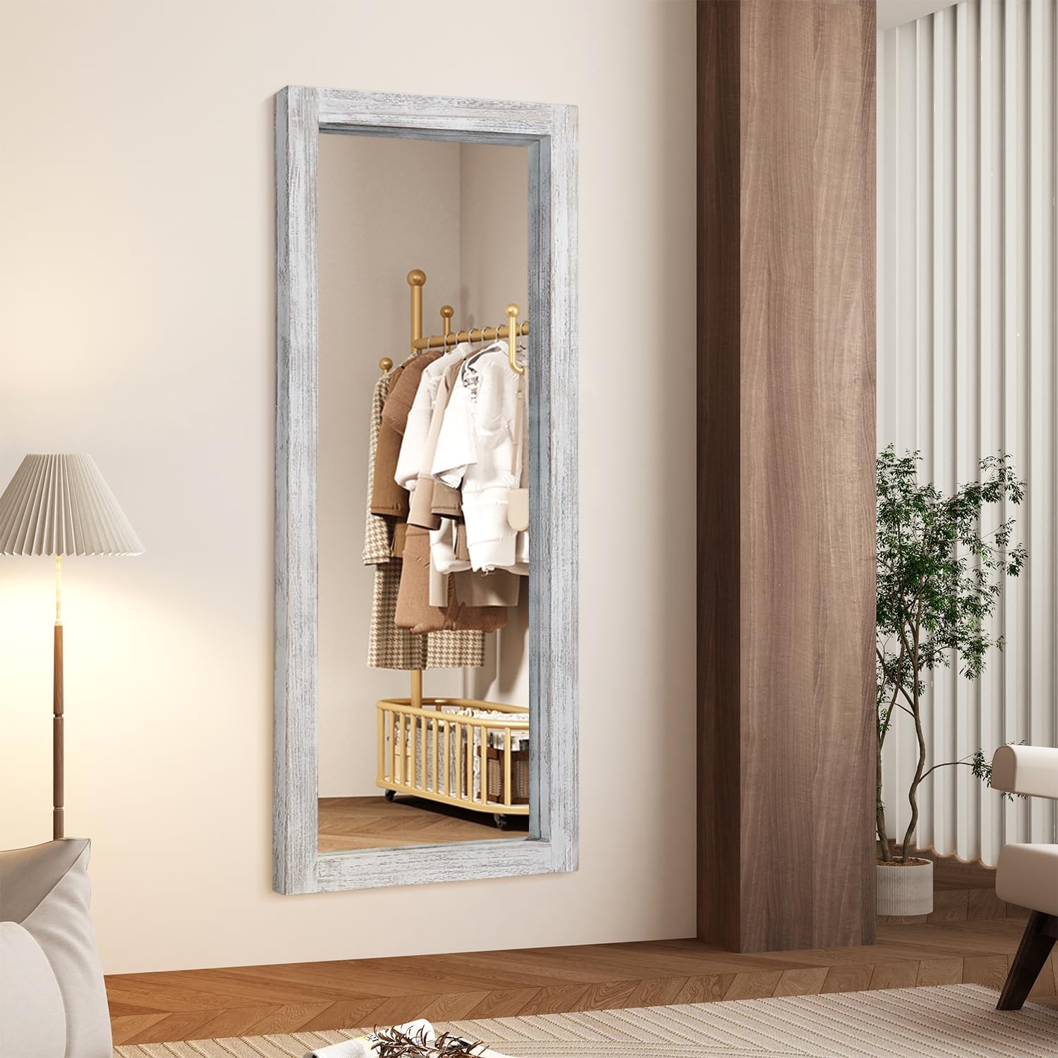 AAZZKANG Wall Mirror Full Length Rustic Wood Framed Floor Mirrors 58"x24" Rectangle Large Full Body for Bedroom Living Room Entryway Dressing Room White