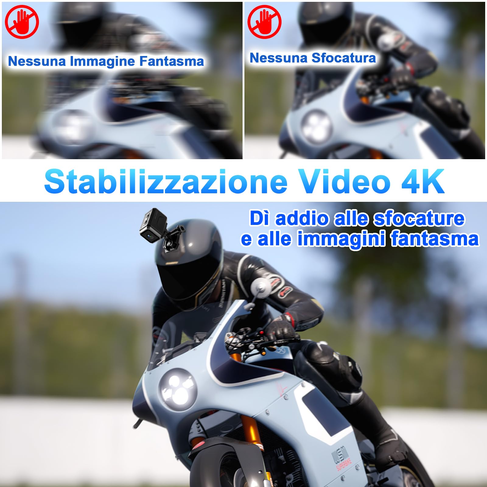 Telecamera Moto 4K WiFi Grandangolo 140° 8h, Action Cam per Sport | 8h batteria, 4K HDR stabilizzato, 256GB SD, fissaggi per casco/moto/sci