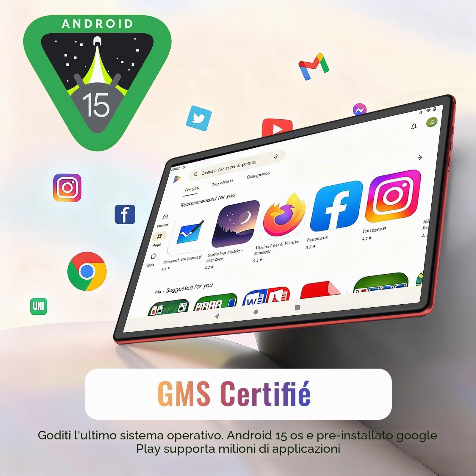 Tablet Android 15 Tablet con Gemini AI, 64GB ROM +2TB TF, 5G WiFi, Octa-Core, Bluetooth 5.0, 5MP+8MP, 1280*800 FHD IPS, GMS Certificazione, Widevine L1, Tablet 10 Pollici con Tastiera e Mouse - Rosso