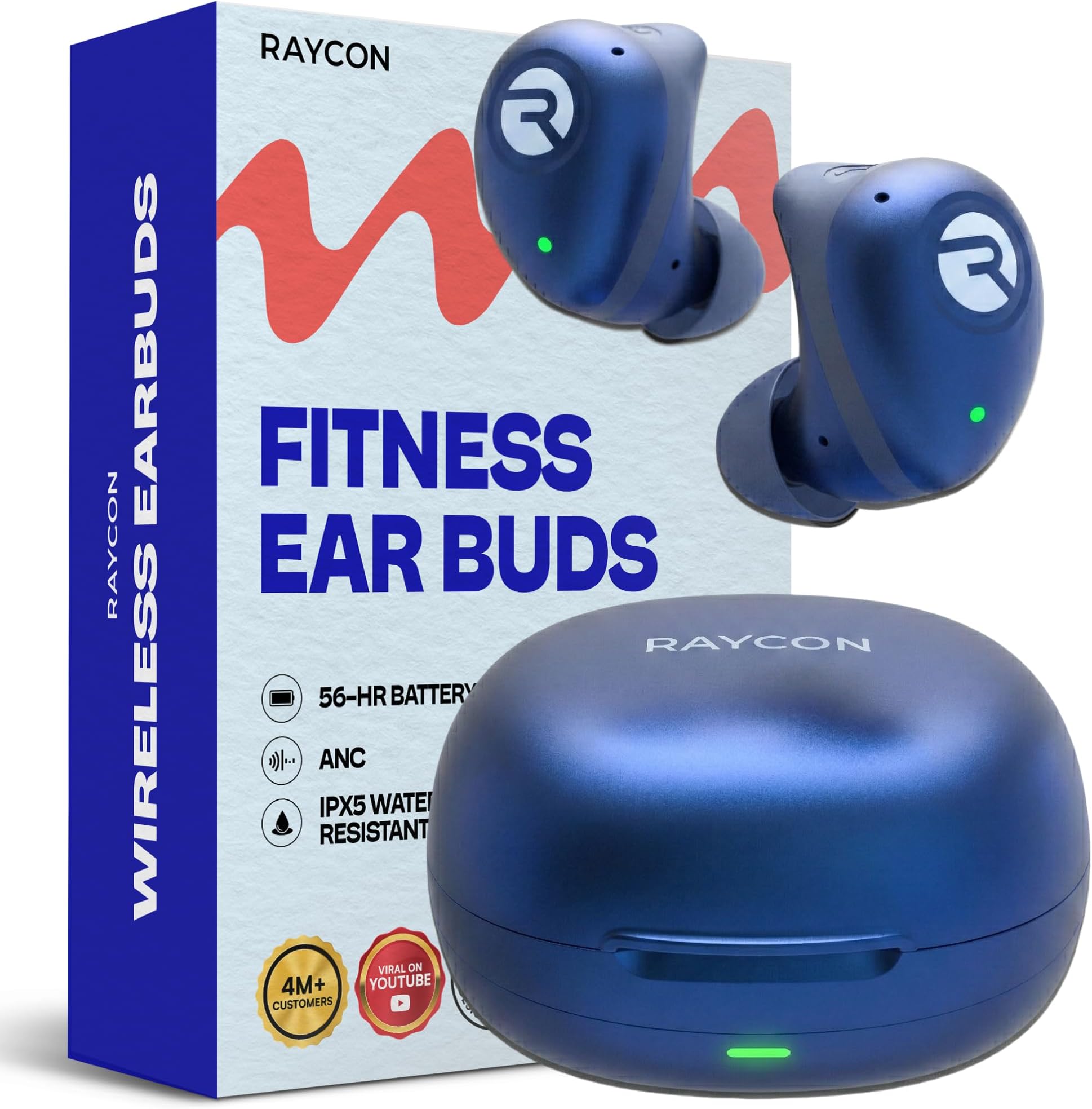 Raycon Fitness Bluetooth True Wireless Earbuds with Built in Mic 54 Hours of Battery IPX 7 Waterproof and Charging Case with Talk, Text, and Play Bluetooth 5.2 Portable Sport (Blue)