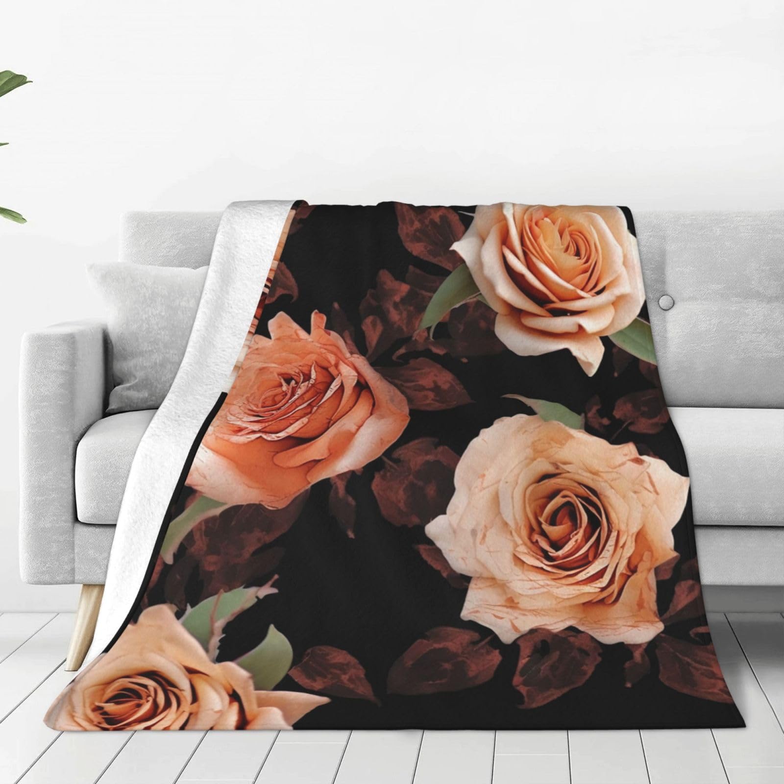 Black Peach Rose Throw Blanket for Couch, Plush Fuzzy Soft Flannel Blankets and Throws for Sofa, 50"x40" Bed Blankets for Travel Camping Chair, All Season Warm Fleece Blanket