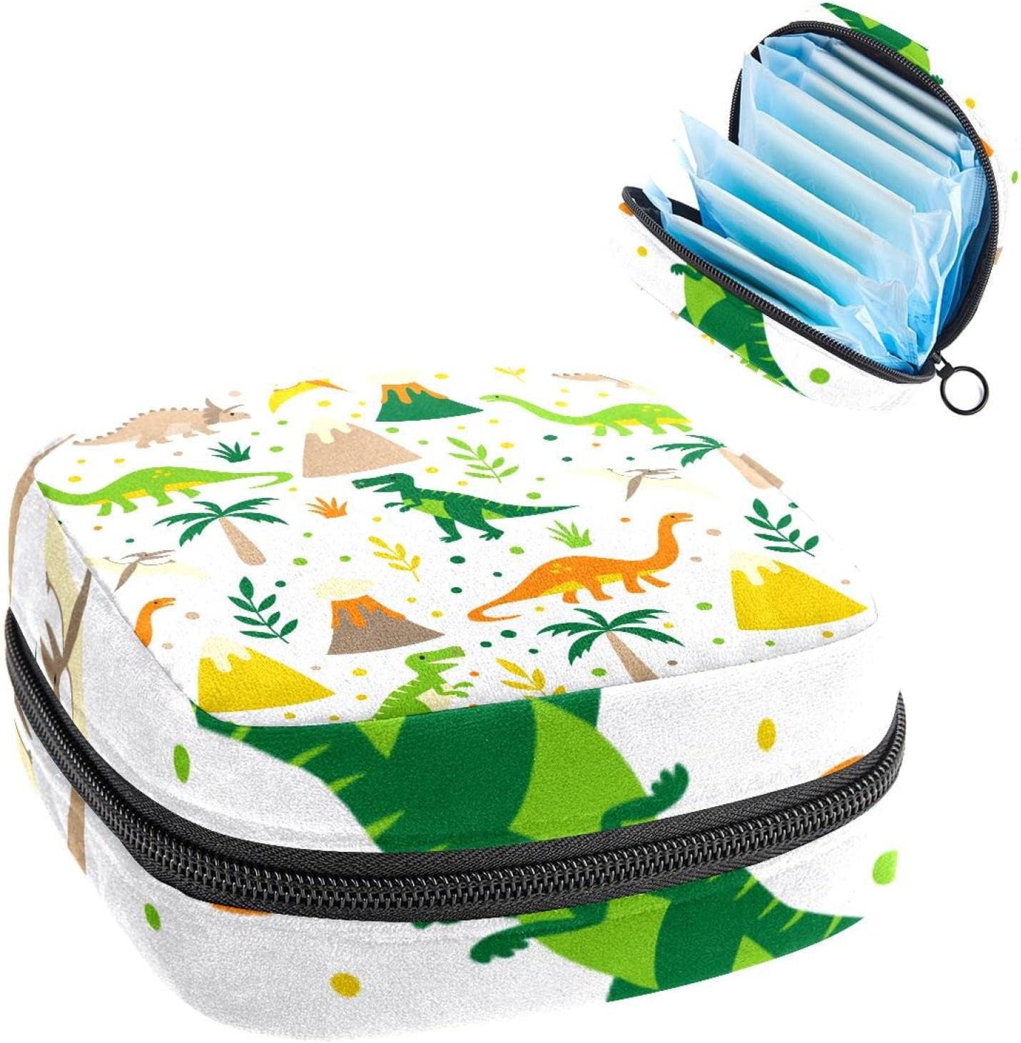 Sanitary Napkin Storage Bag, Menstrual Cup Pouch, Girls Travel Small Makeup Sanitary Pads Organizer, Dinosaur and Volcano Palm Cartoon Animals