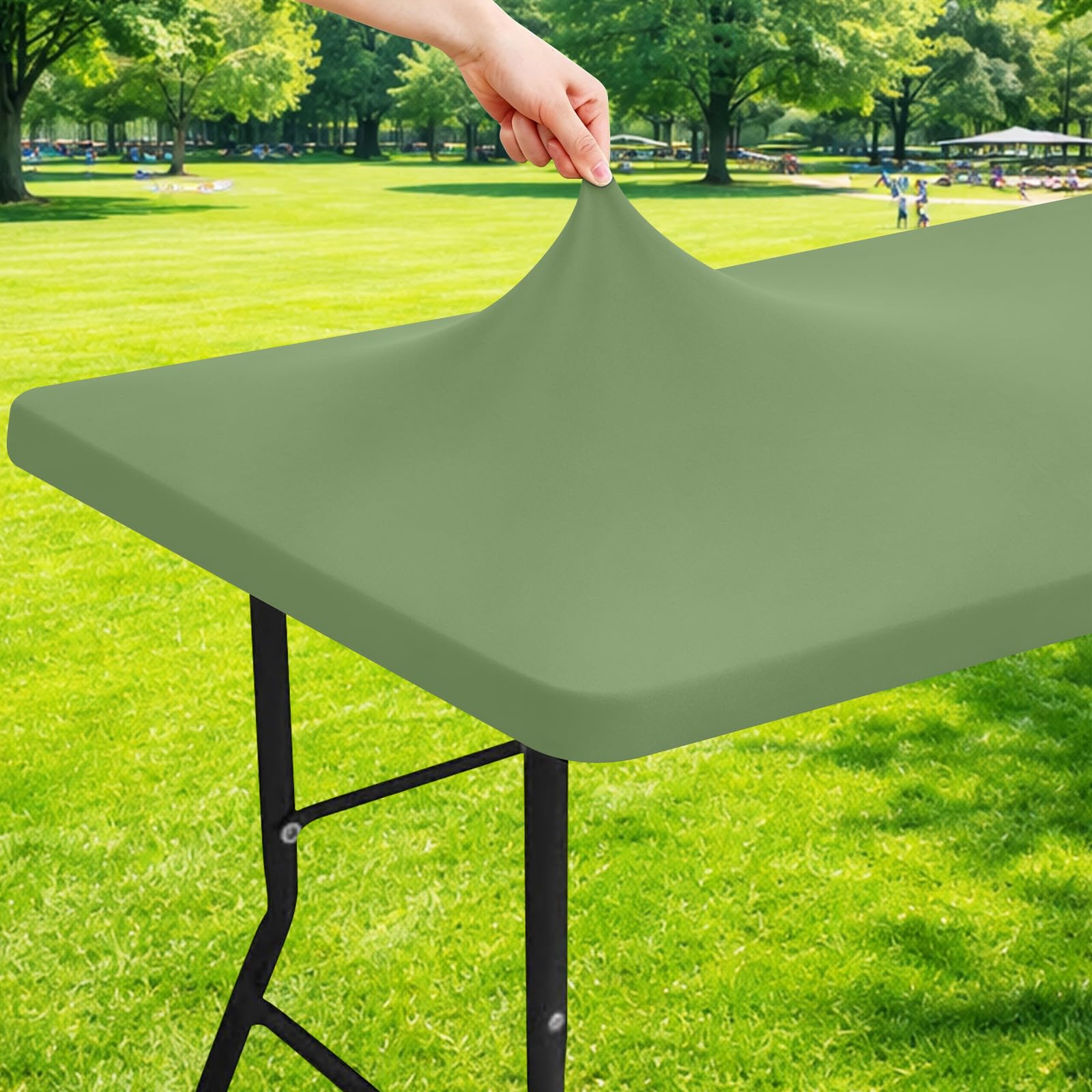 Moosfor Spandex 8 Foot Rectangle Table Cloth, Elastic Fitted Tablecloths for Picnic, Stretch Washable Patio Table Cover for Outdoor, Camping, Banquet and Parties(Sage Green, 30"x96")