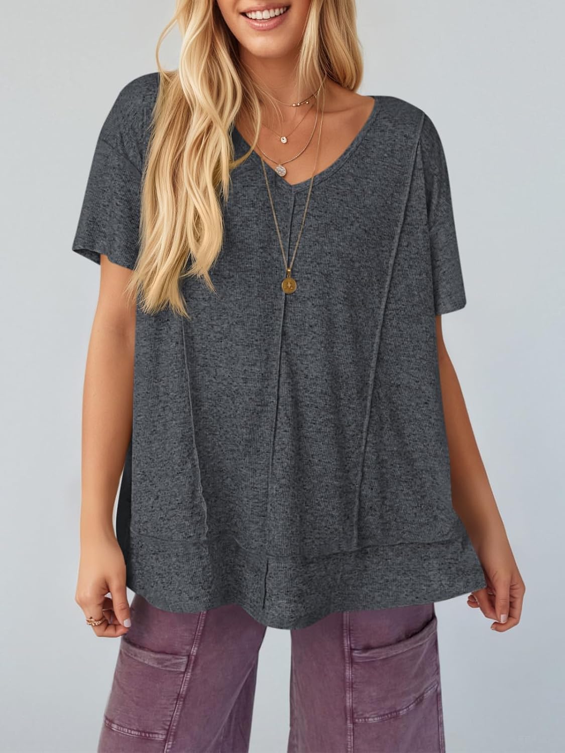 Tankaneo Womens Oversized Tshirts Knit V Neck Short Sleeve Tunic Tops Summer Casual Loose Fit Tee Shirts - Image 2