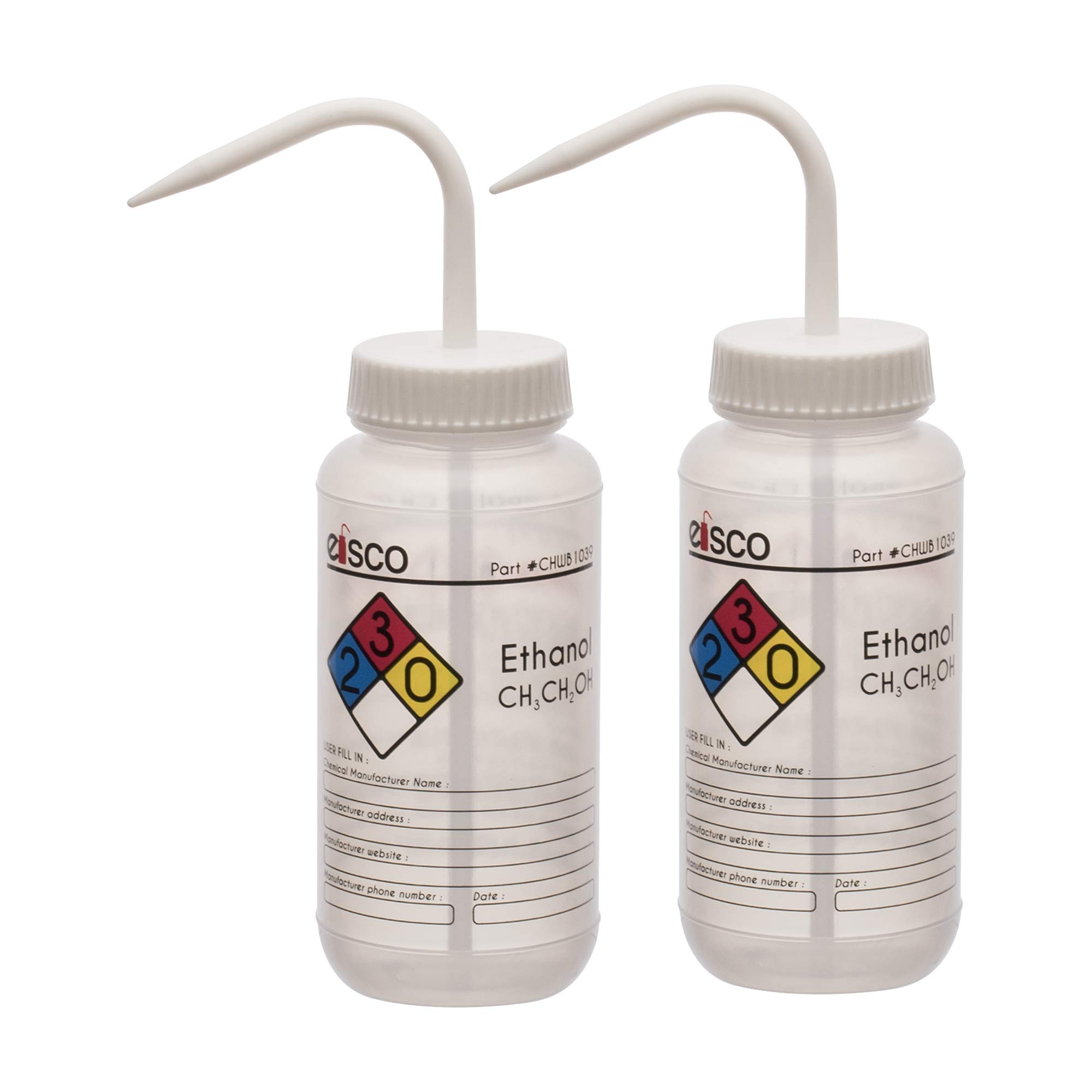 EISCO 2PK Wash Bottle for Ethanol, 500ml - Labeled with Color Coded Chemical & Safety Information (4 Colors) - Wide Mouth, Self Venting, Low Density