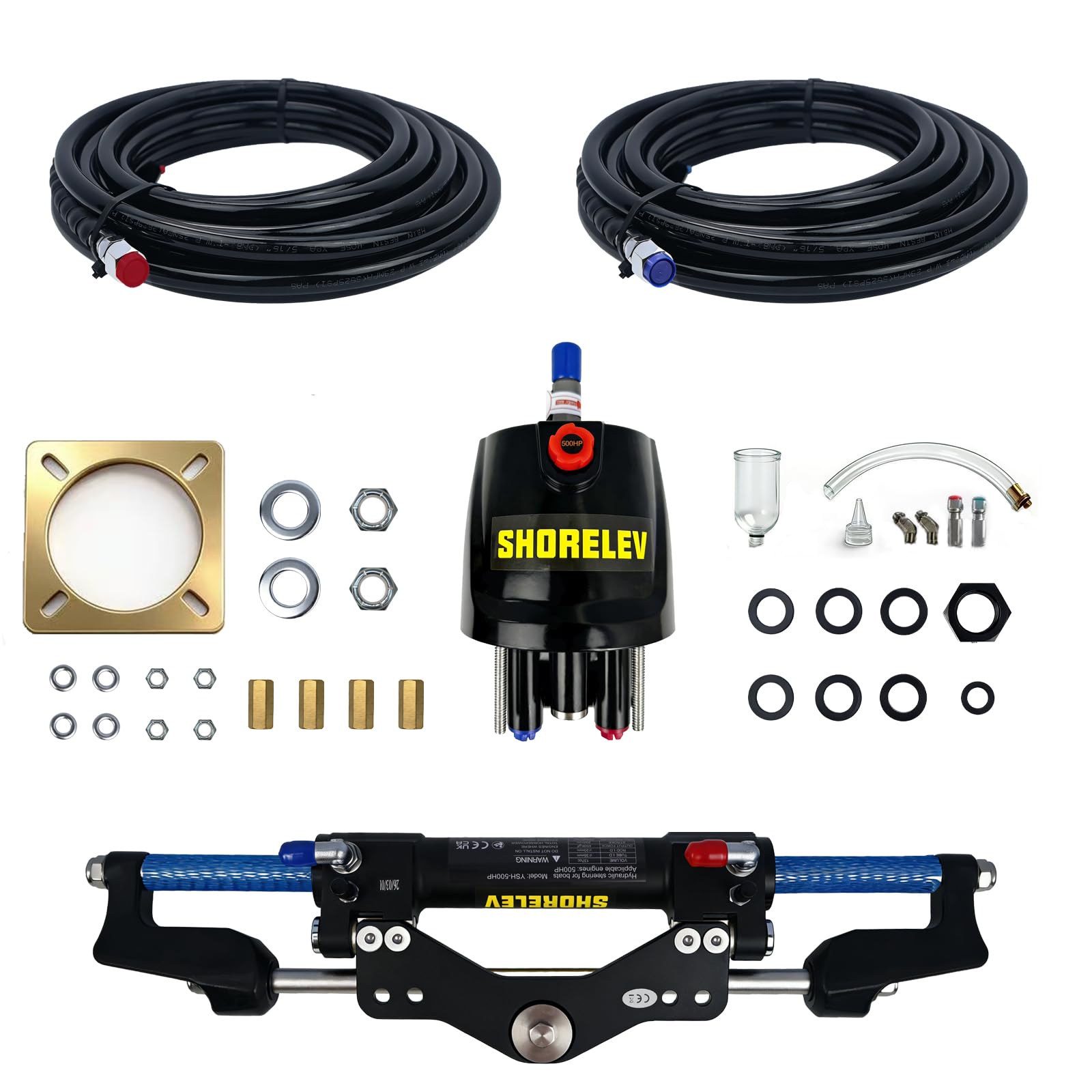 Hydraulic Steering Kit for Boats up to 500HP, 1000PSI Outboard Hydraulic Steering System with Pump, Cylinder, 2×26ft Hoses &amp; Fittings