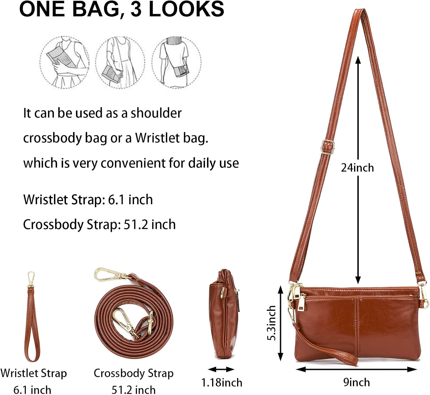 ZOOEASS Triple Zip Small Crossbody Bag Lightweight Purses Vegan Leather Wristlet Clutch, Includes Adjustable Shoulder image 4
