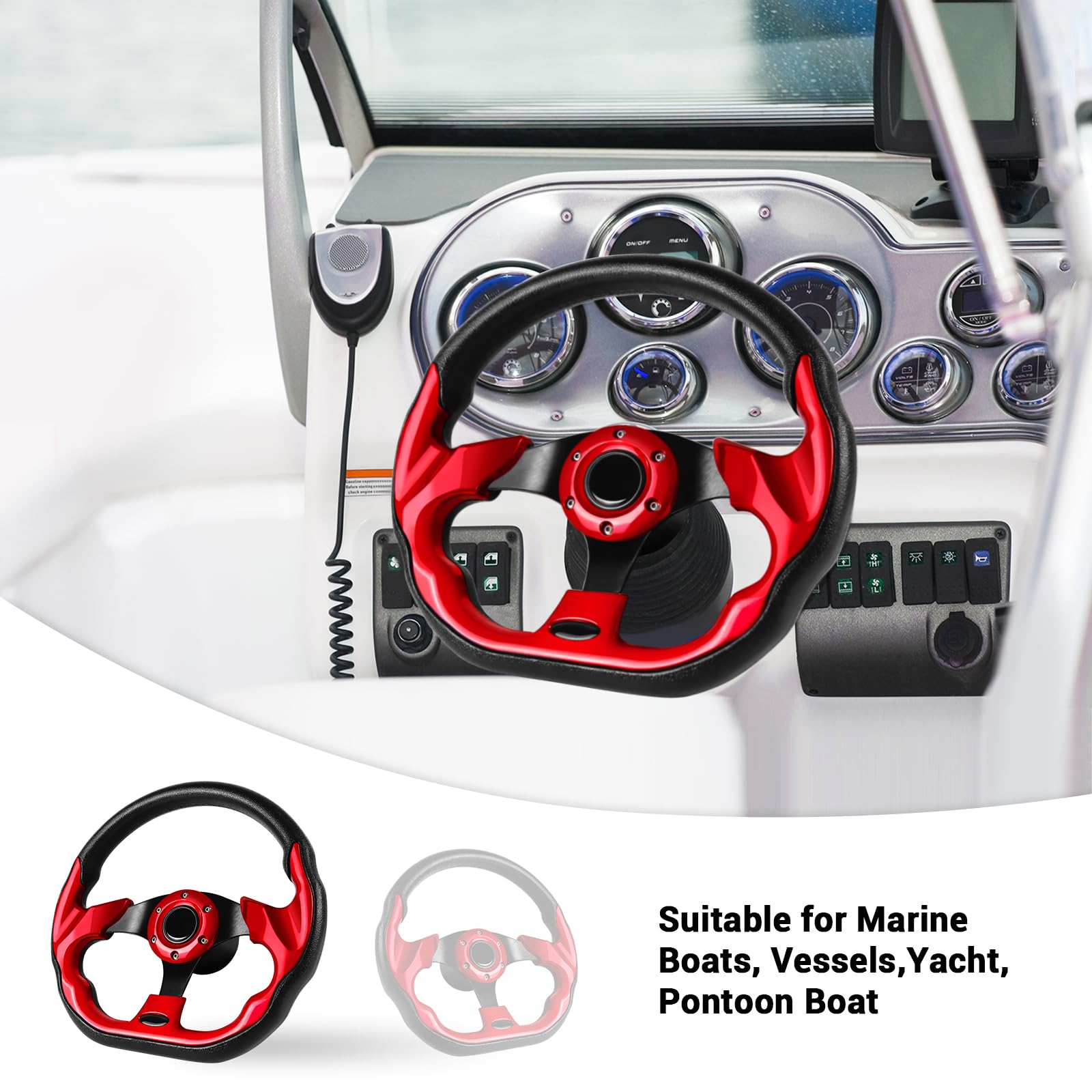LOSCHEN Volante de barco de piel sintética con eje de 3/4 pulgadas, adaptador de volante marino para barcos, yates, pontones, barcos, color rojo