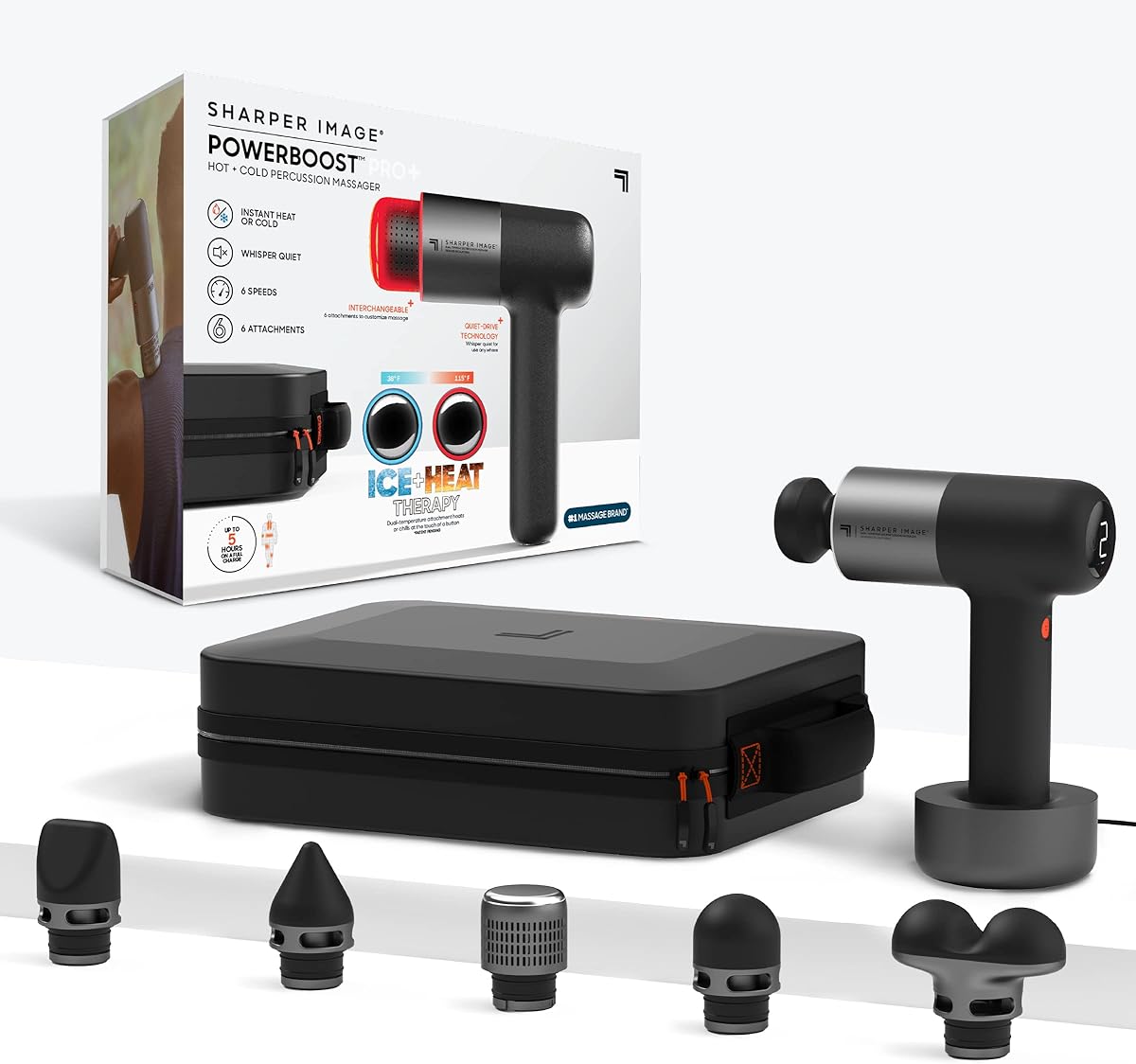 Sharper Image® Powerboost® Pro+ Hot & Cold Deep Tissue Massage Gun - 6 Speeds, 6 Attachments, 5-Hour Battery, Travel Case, Charging Base, Shoulder & Back Massager, Pain Relief Tool, FSA Eligible