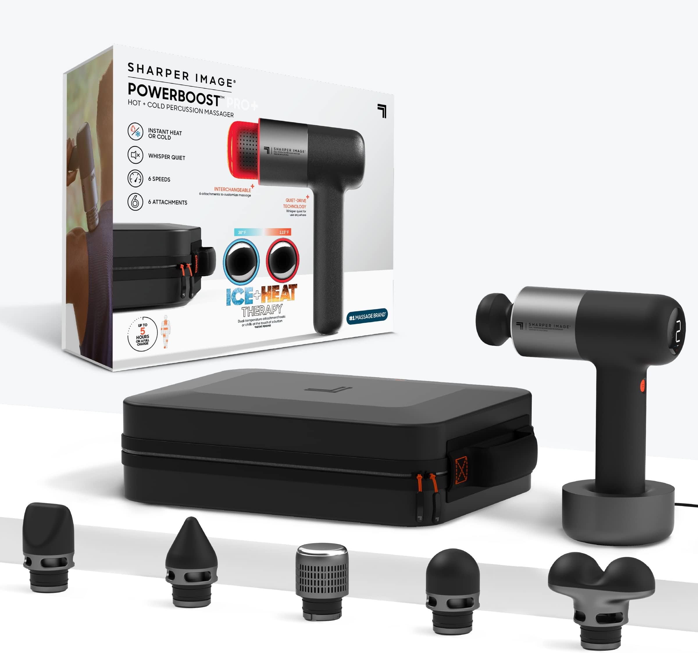 SHARPER IMAGE Powerboost Pro Hot + Cold Percussion Massager, Dual-Temperature Hot + Cold Massage Node, 6 Speed Settings, 6 Attachments, Quiet Brushless Motor, Pain Relief for Muscles Neck Back Arms
