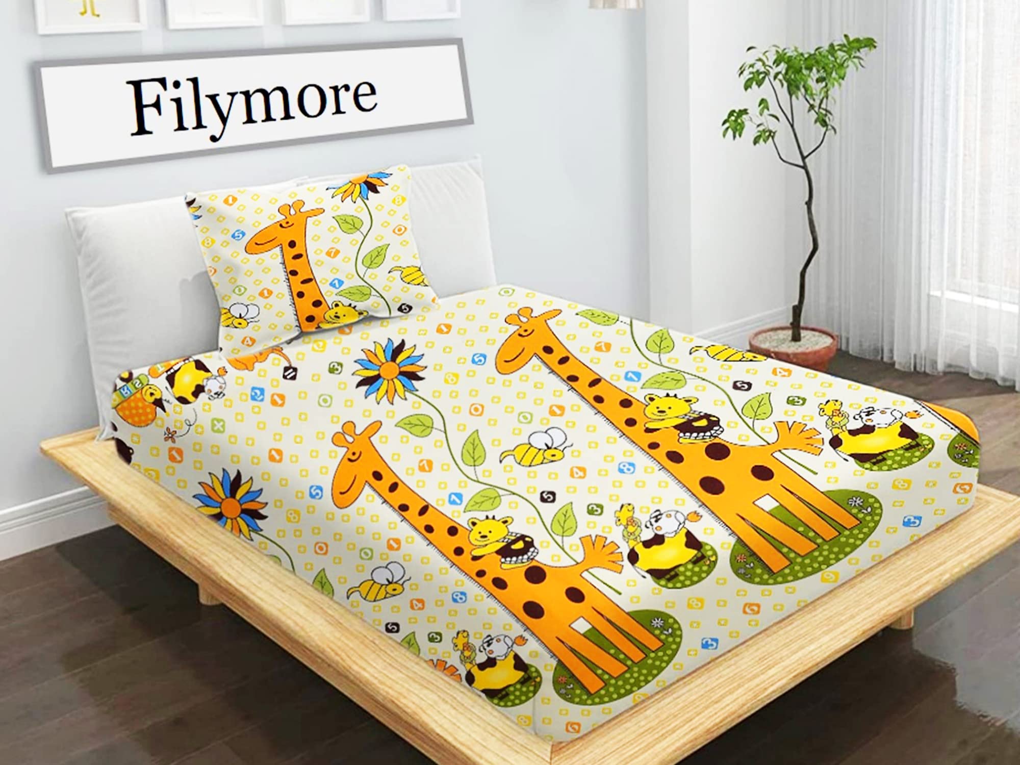 Filymore Giraffe Cartoon Single Bedsheet for Kids Cute Cartoon Bedsheet Single Bedspread Made with Pure Microfiber(Size 60 X 90 Inches) 1 Bedsheet with Pillow Cover, (Color-Cream and Yellow)