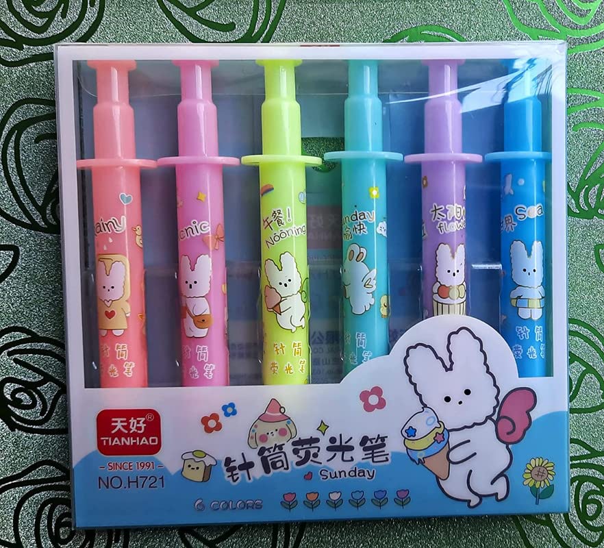 Image of YBN Syringe Shape Long Pastel Shades Highlighters | Set Of 6 Shades | Chisel Tip Fine Marker Pen /Ideal Gifts For Kids | Return Gift For Kids (Pack Of 1 Set), Multicolour